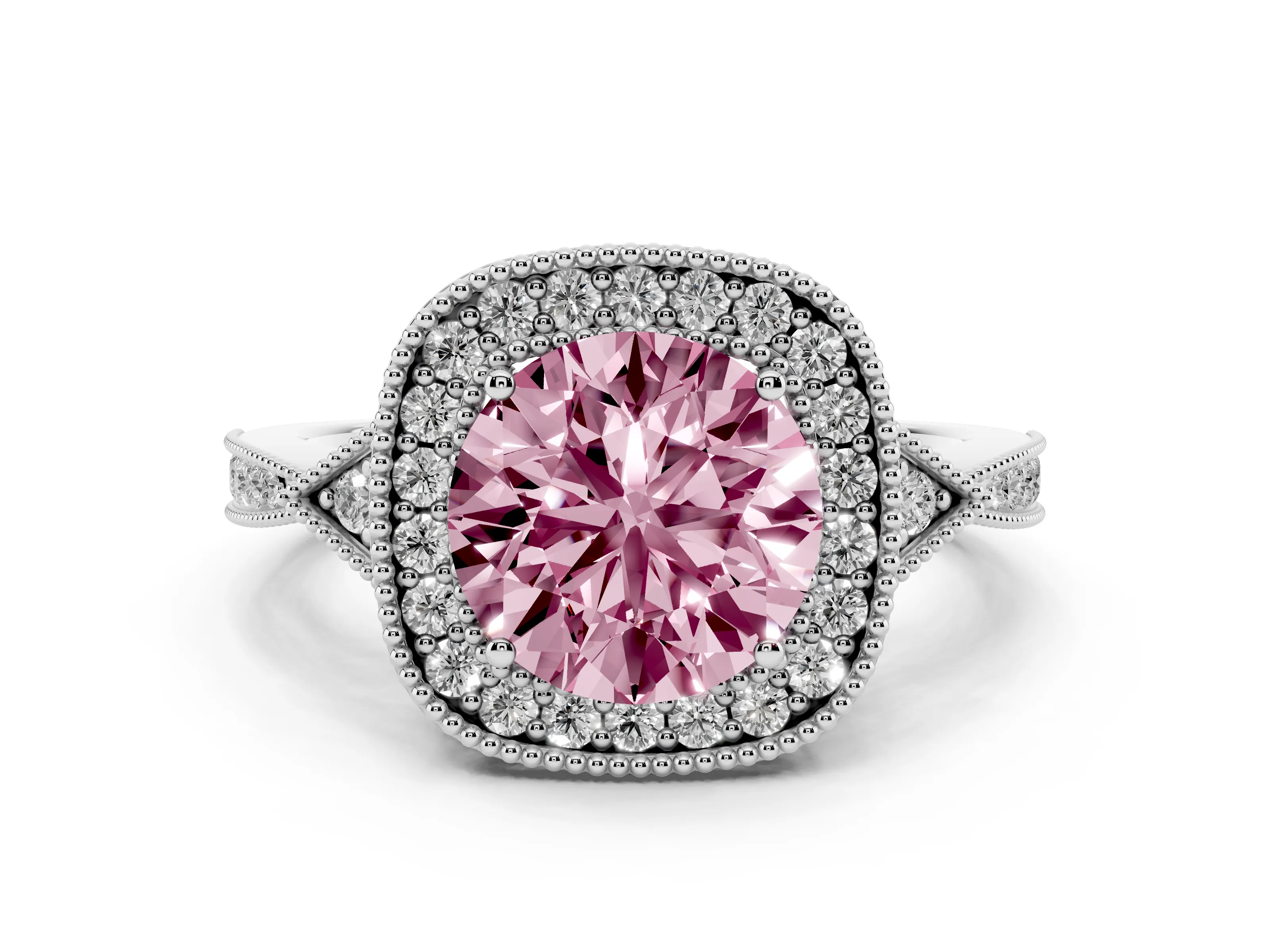 Fancy Pink Round Cut Diamond Halo Engagement Ring Set in Platinum with Milgrain Pavé Band