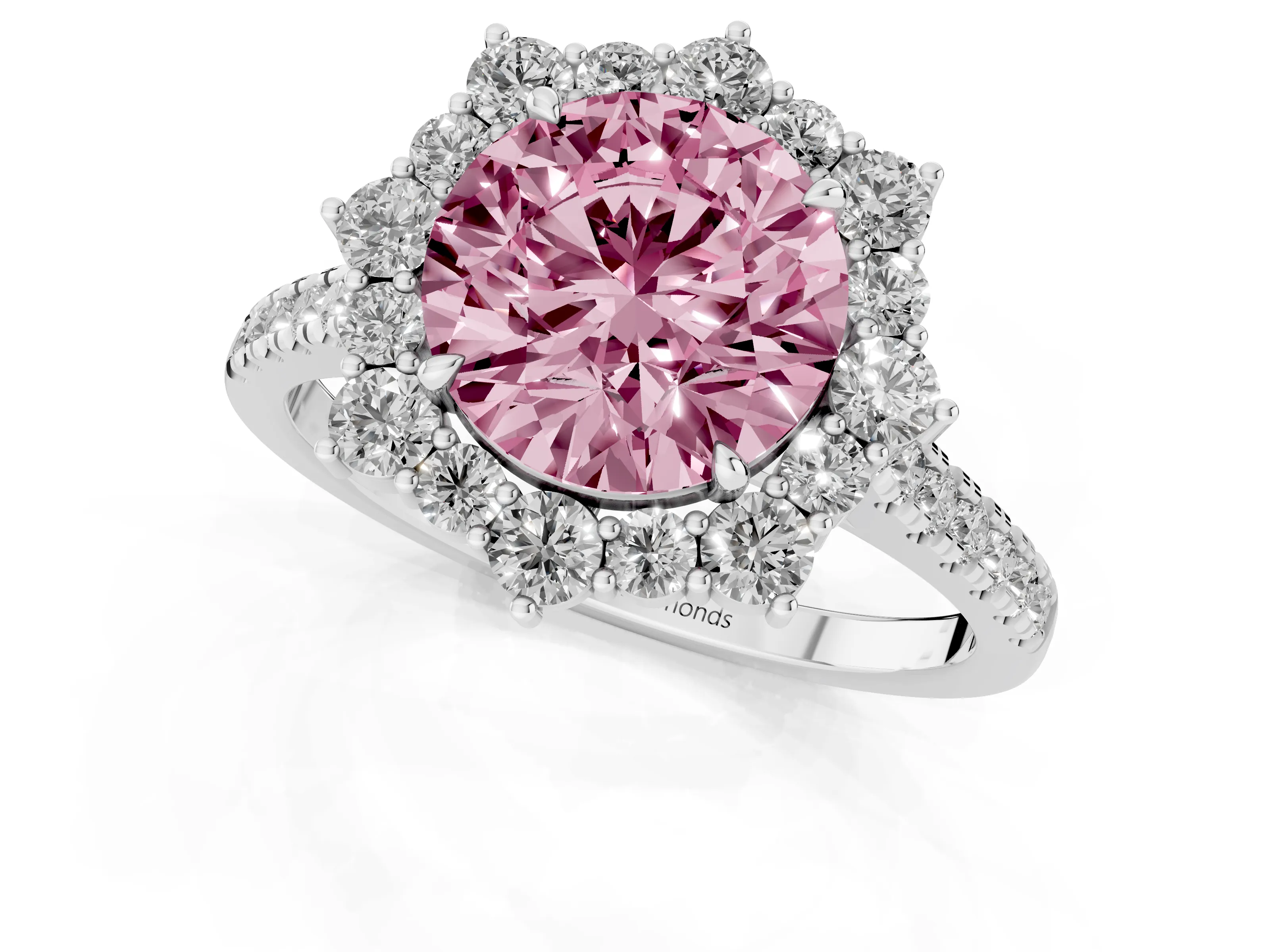 Fancy Pink Round Cut Diamond Halo Ring Set in Silver with Pavé Band and Prong Setting