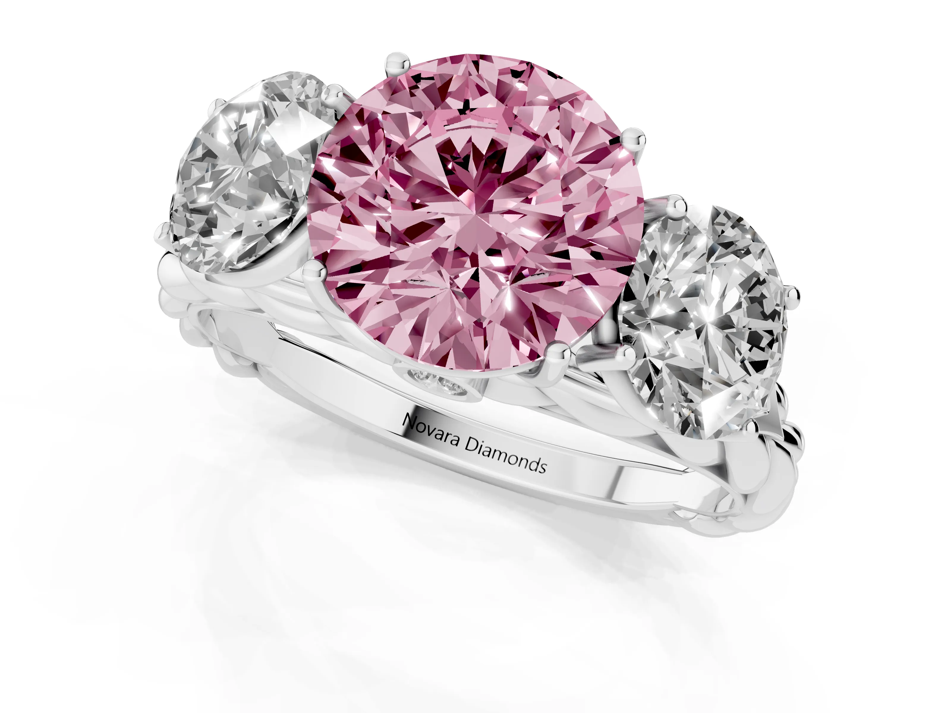 Fancy Pink Round Cut Diamond Three-Stone Ring Set in Silver with Braided Band