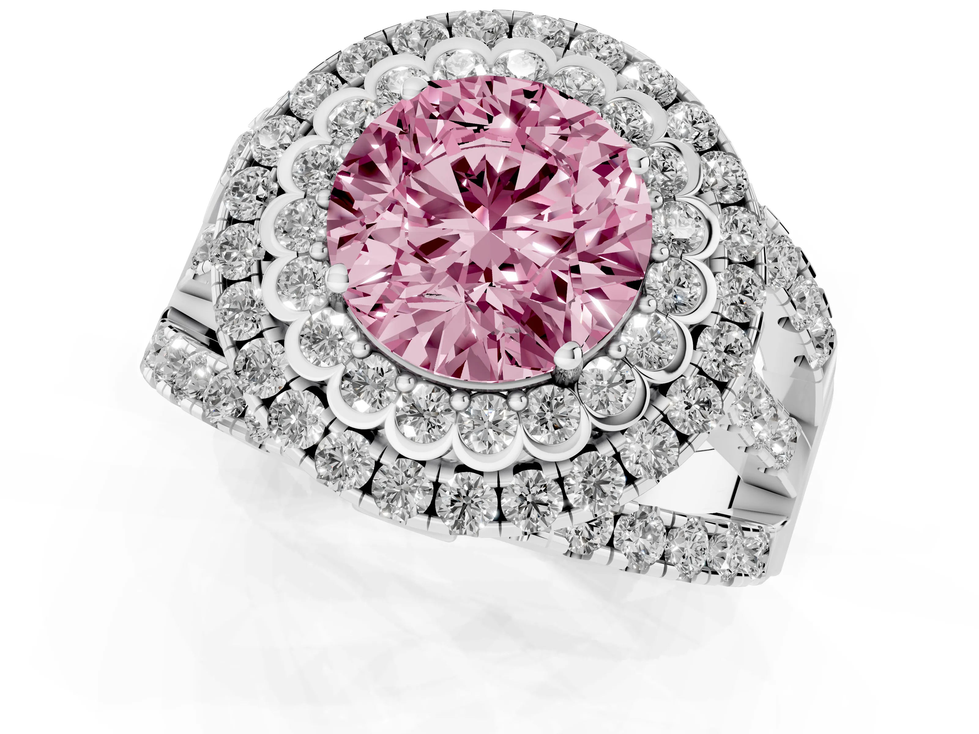 Fancy Pink Round Cut Diamond Double Halo Ring Set in White gold with Round Pavé Split Shank