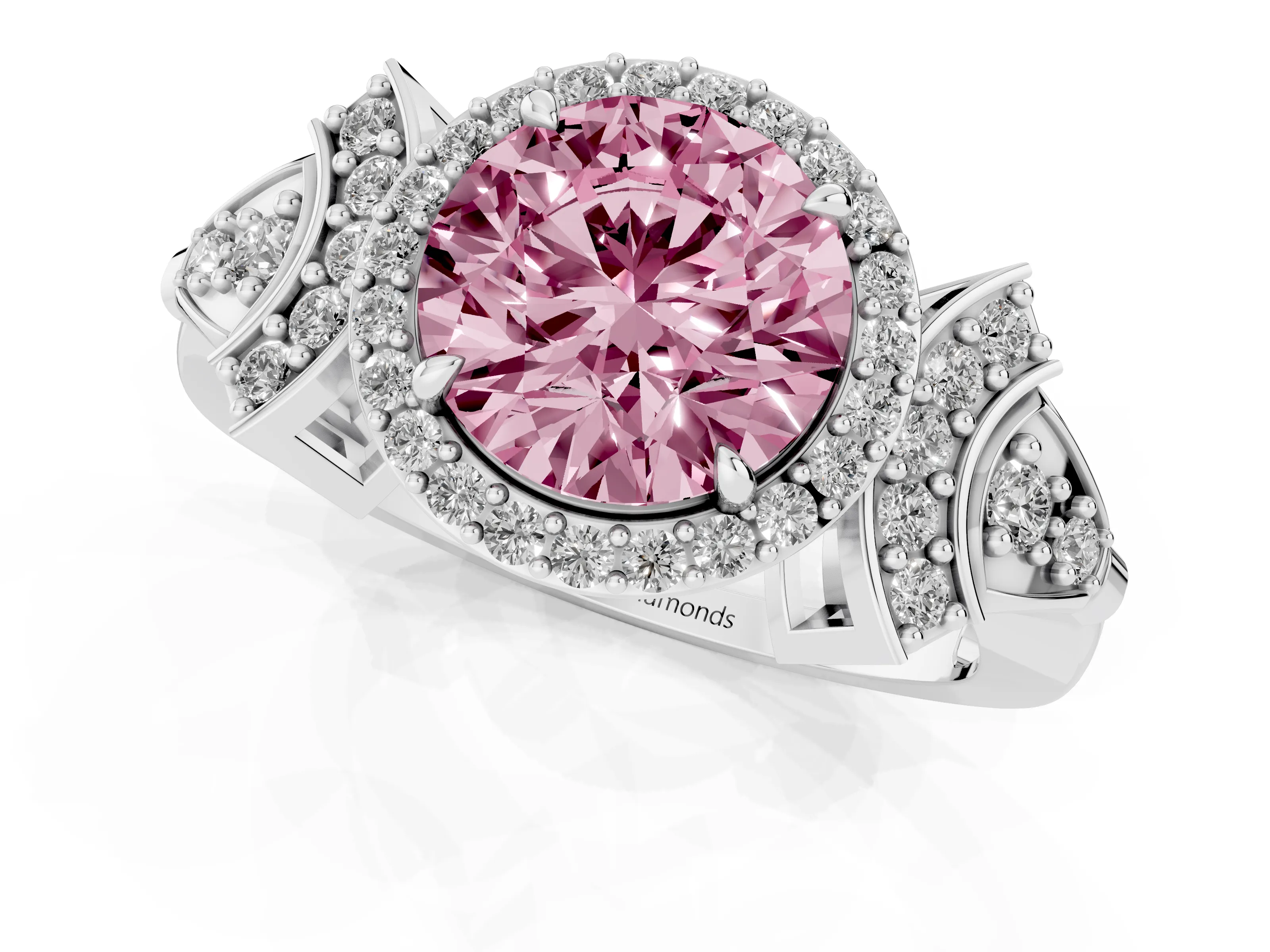 Fancy Pink Round Cut Diamond Halo Engagement Ring Set in Silver with Accent Stone Split Shank