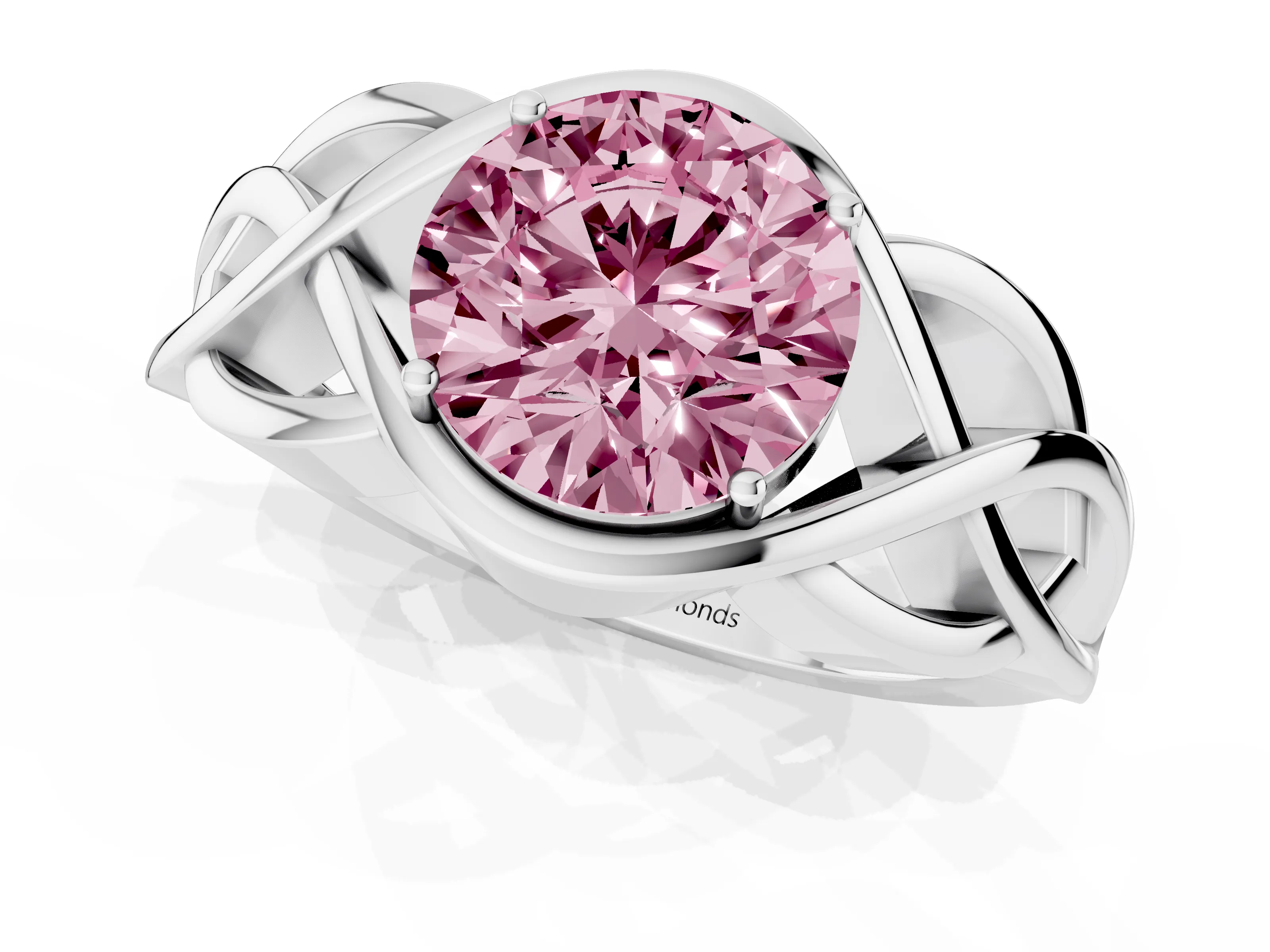 Fancy Pink Round Cut Diamond Solitaire Ring Set in Platinum with Intertwined Band