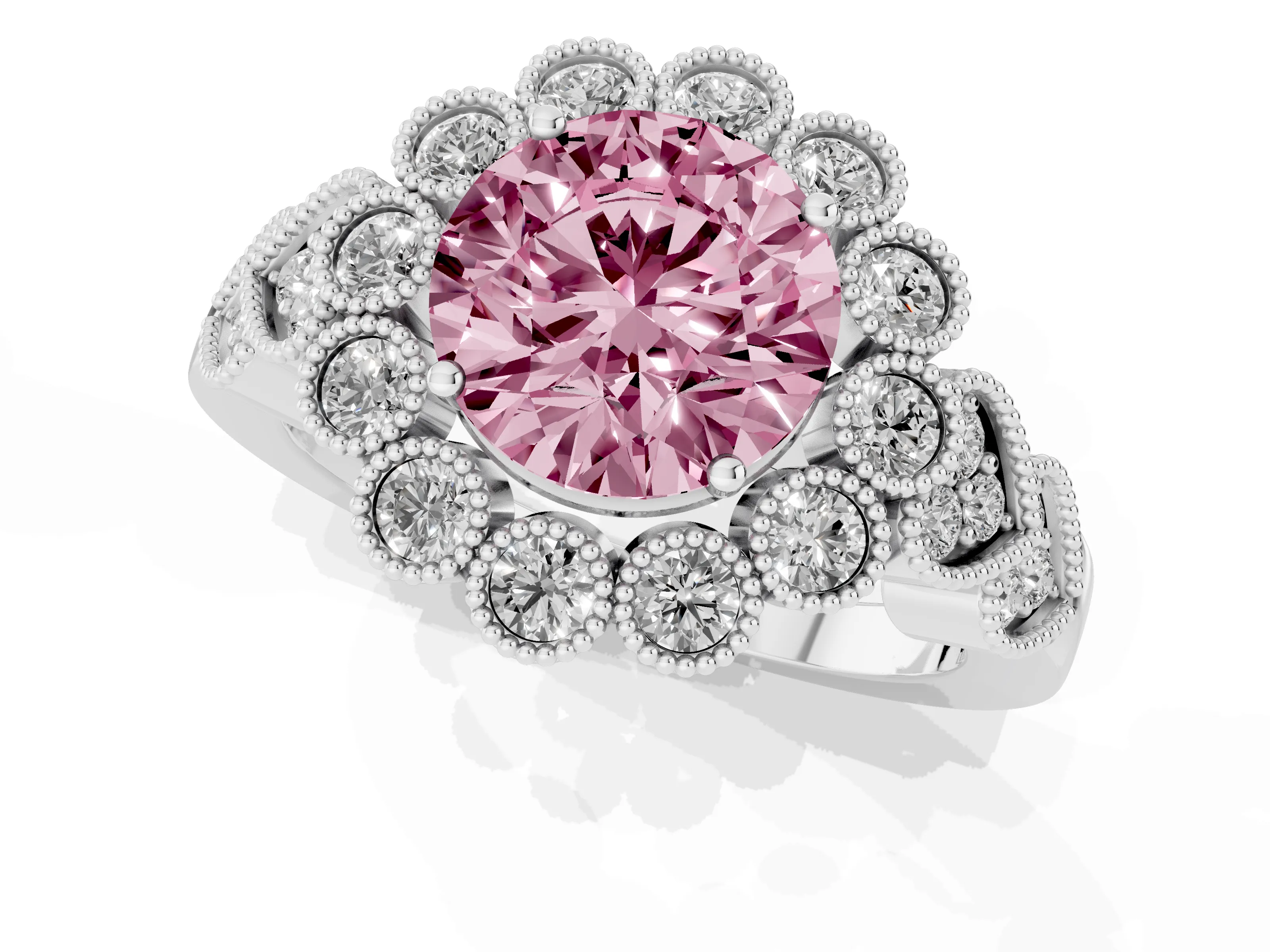 Fancy Pink Round Cut Diamond Solitaire Ring Set in White gold with Milgrain Pavé Heart Band