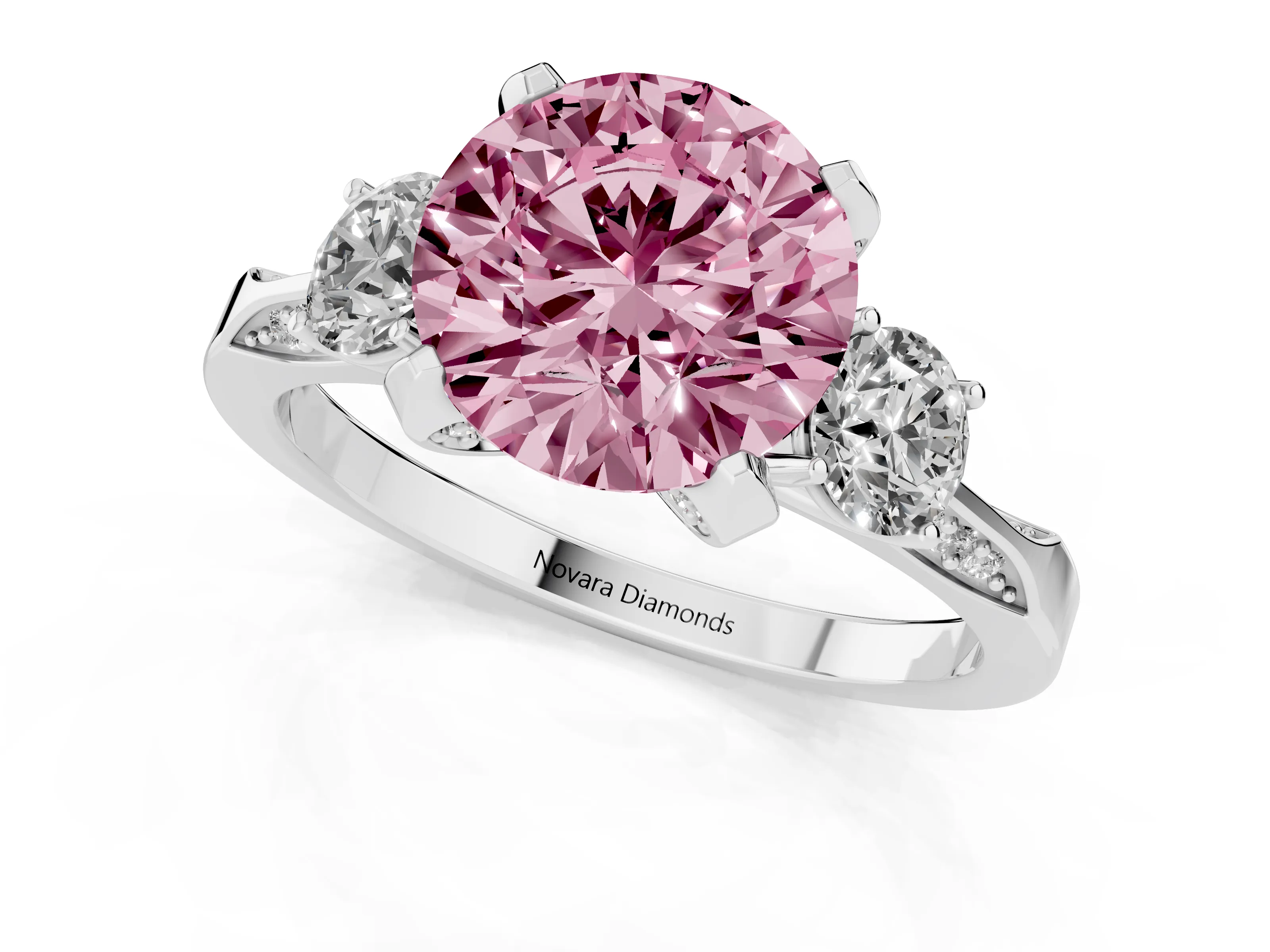 Fancy Pink Round Cut Diamond Three-Stone Ring Set in White gold with Pavé Band and Smaller Side Stones – second view