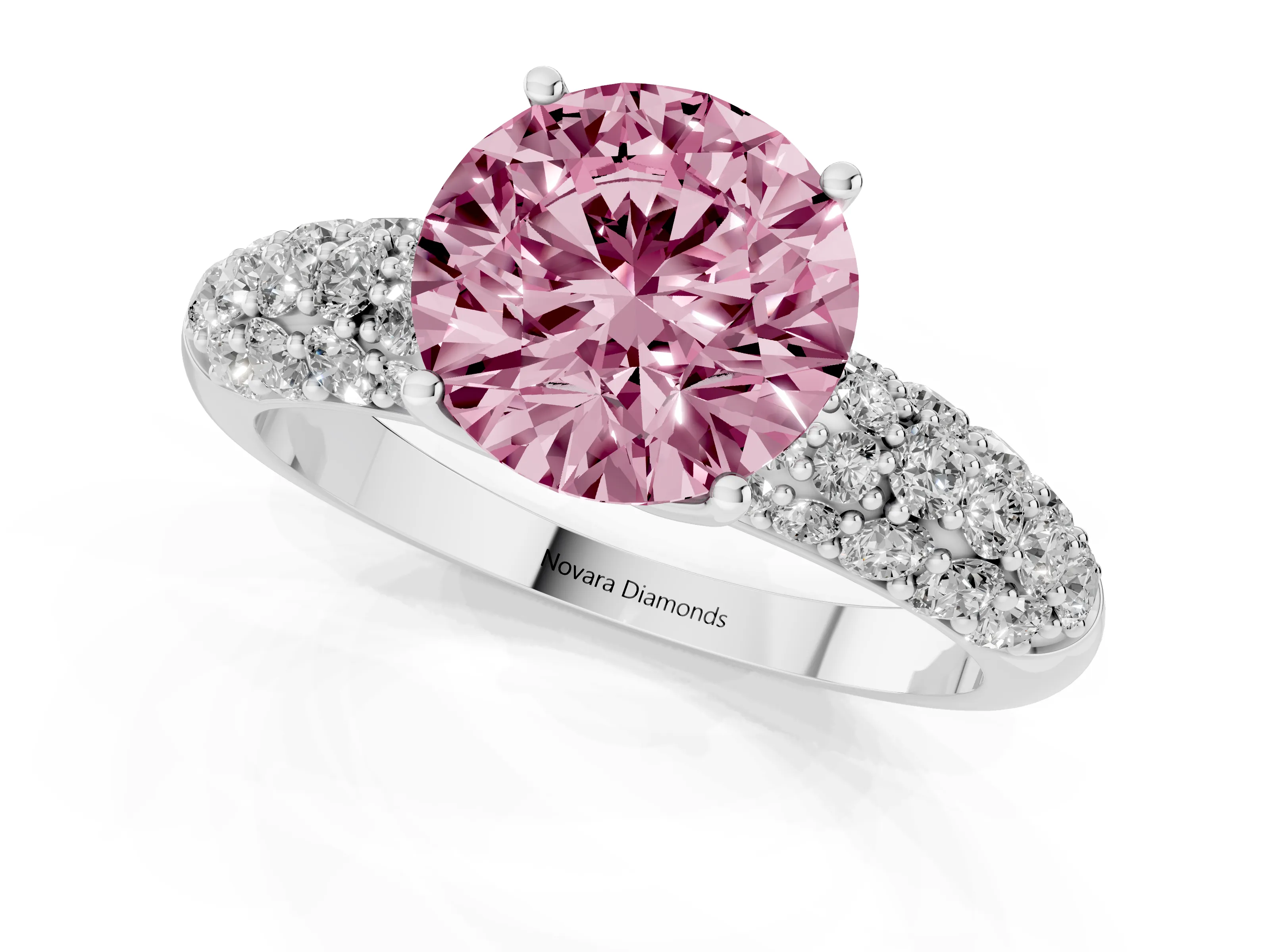 Fancy Pink Round Cut Diamond Pavé Band Solitaire Ring Set in Platinum with Close-Set Accent Stones and Prong Setting