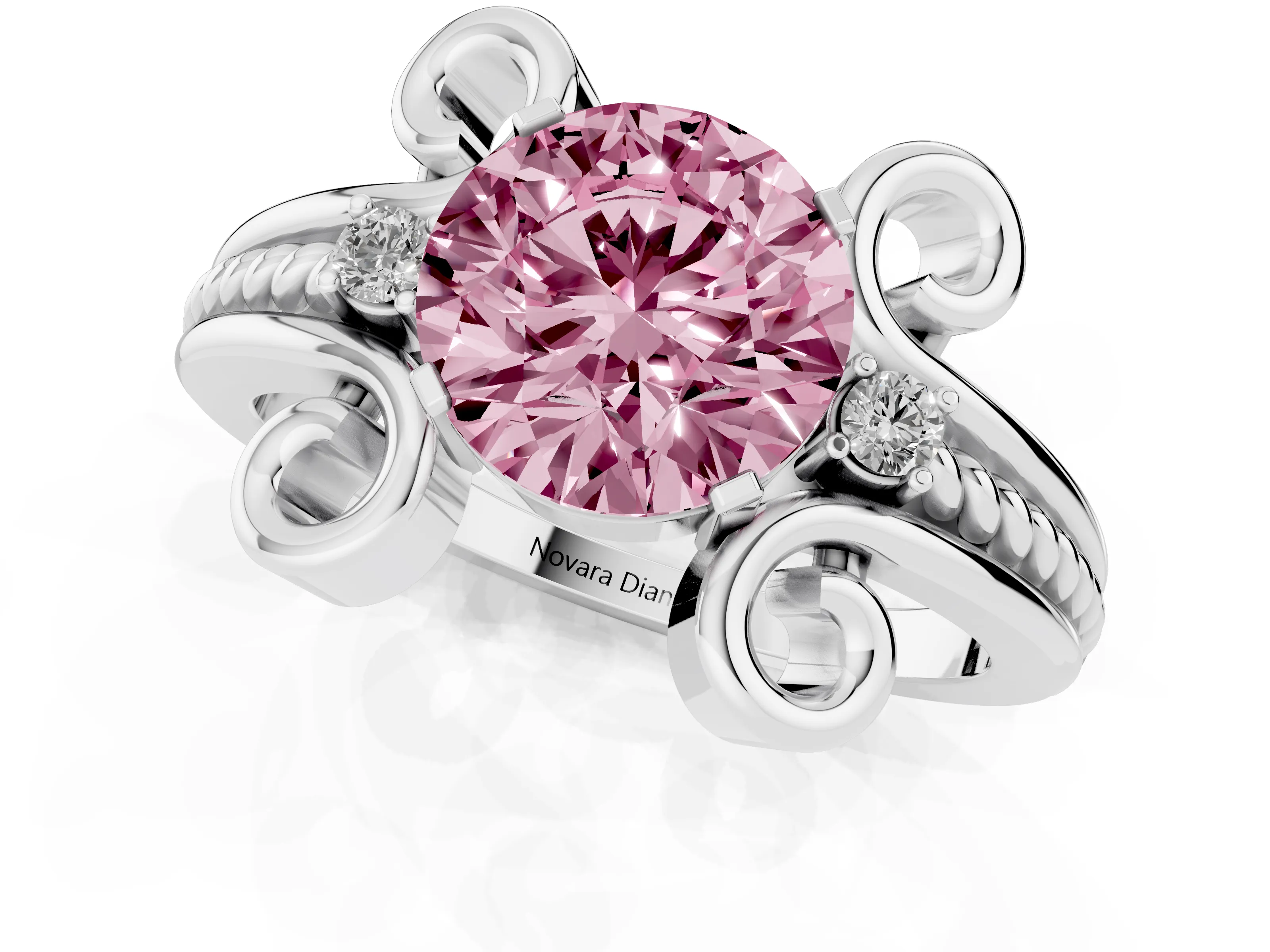 Fancy Pink Round Cut Diamond Twisted Band Solitaire Ring Set in Platinum with Scroll Prongs