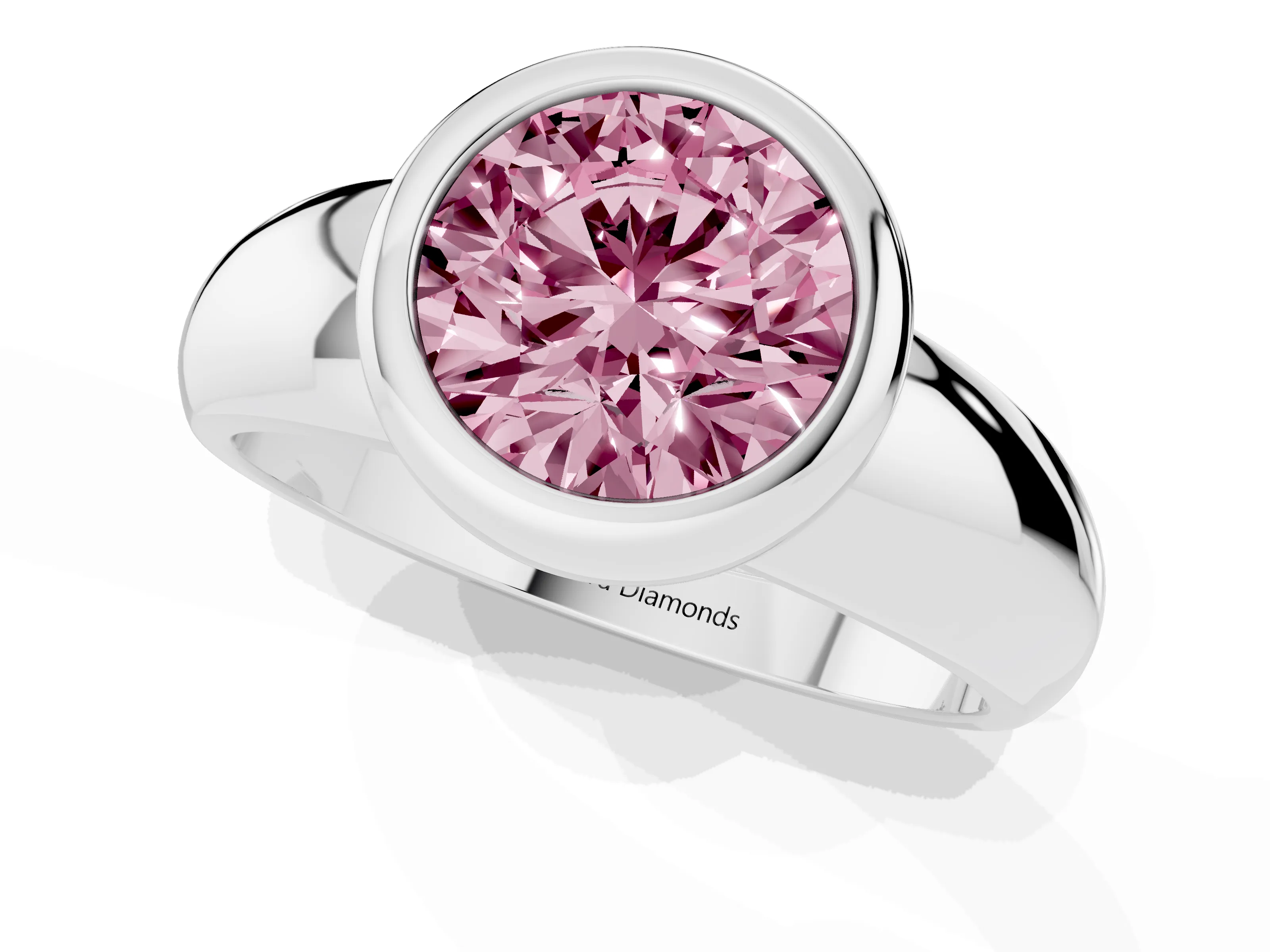 Fancy Pink Bezel Set Round Cut Diamond Solitaire Ring Set in Platinum with Wide Band