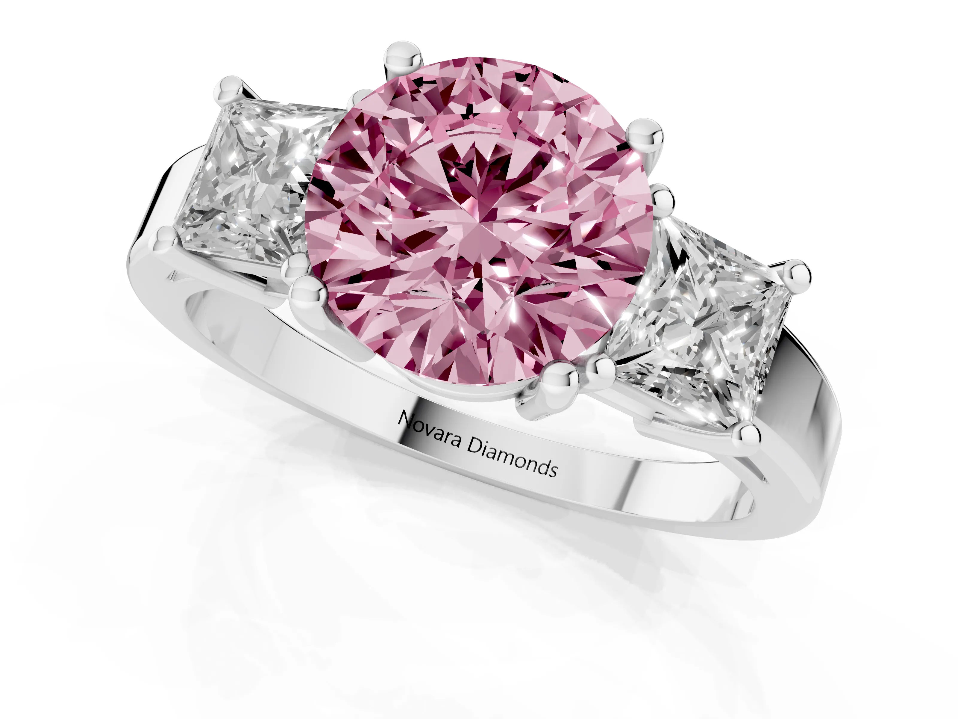 Fancy Pink Three-Stone Round Cut Diamond Solitaire Ring Set in White gold with Prong Setting