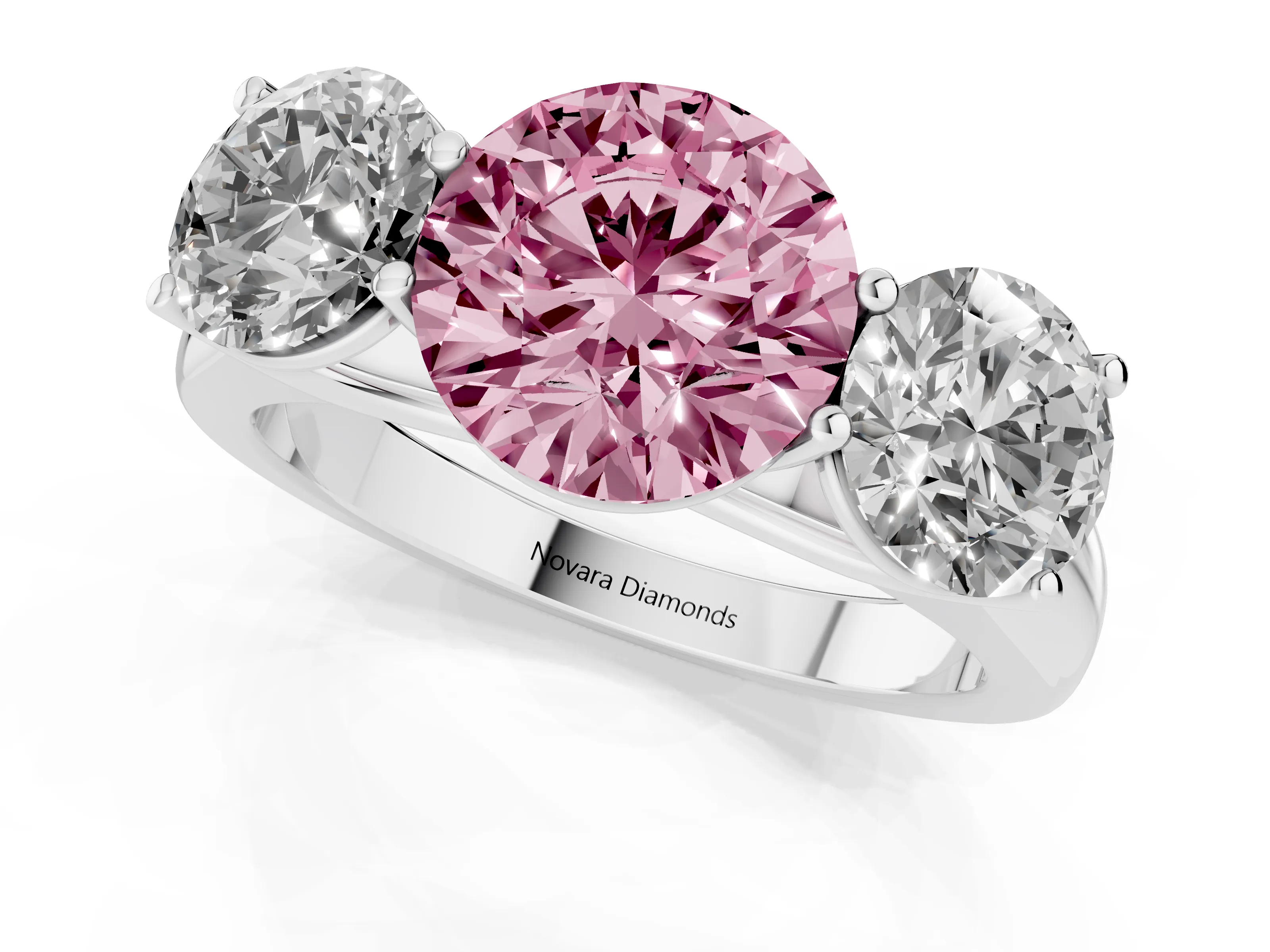 Fancy Pink Round Cut Diamond Three-Stone Ring Set in Silver with Plain Polished Band