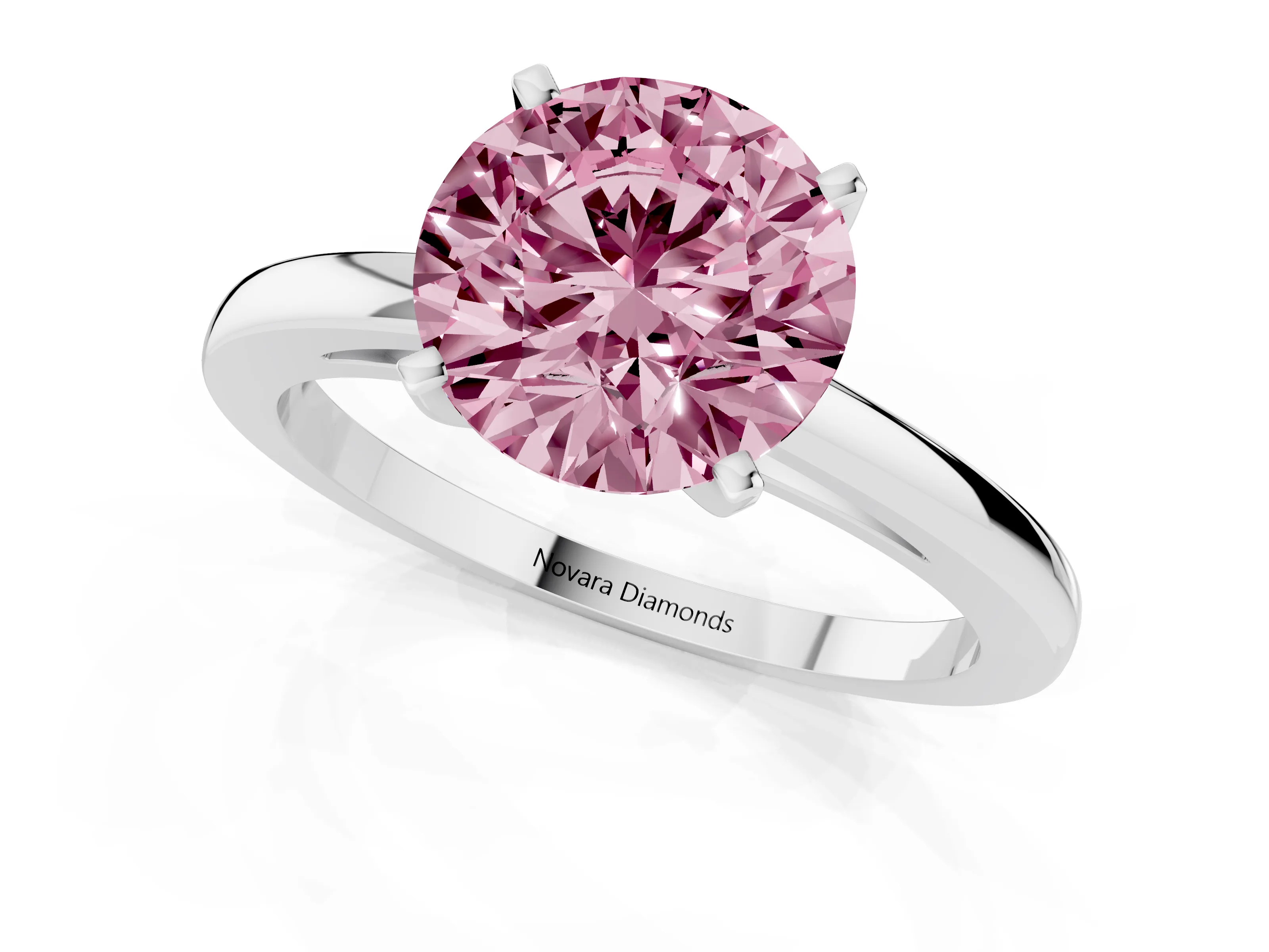 Fancy Pink Round Cut Diamond Solitaire Engagement Ring Set in Platinum with Prong Setting on a Classic Band