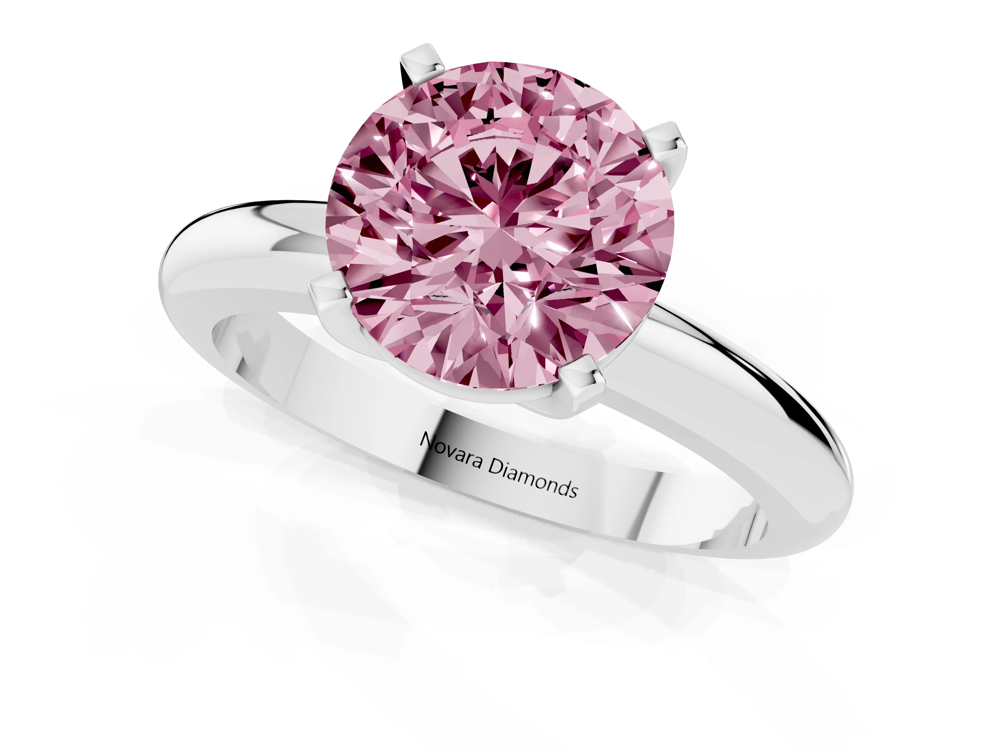 Fancy Pink Round Cut Diamond Solitaire Engagement Ring Set in Platinum with Round Band and Prong Setting
