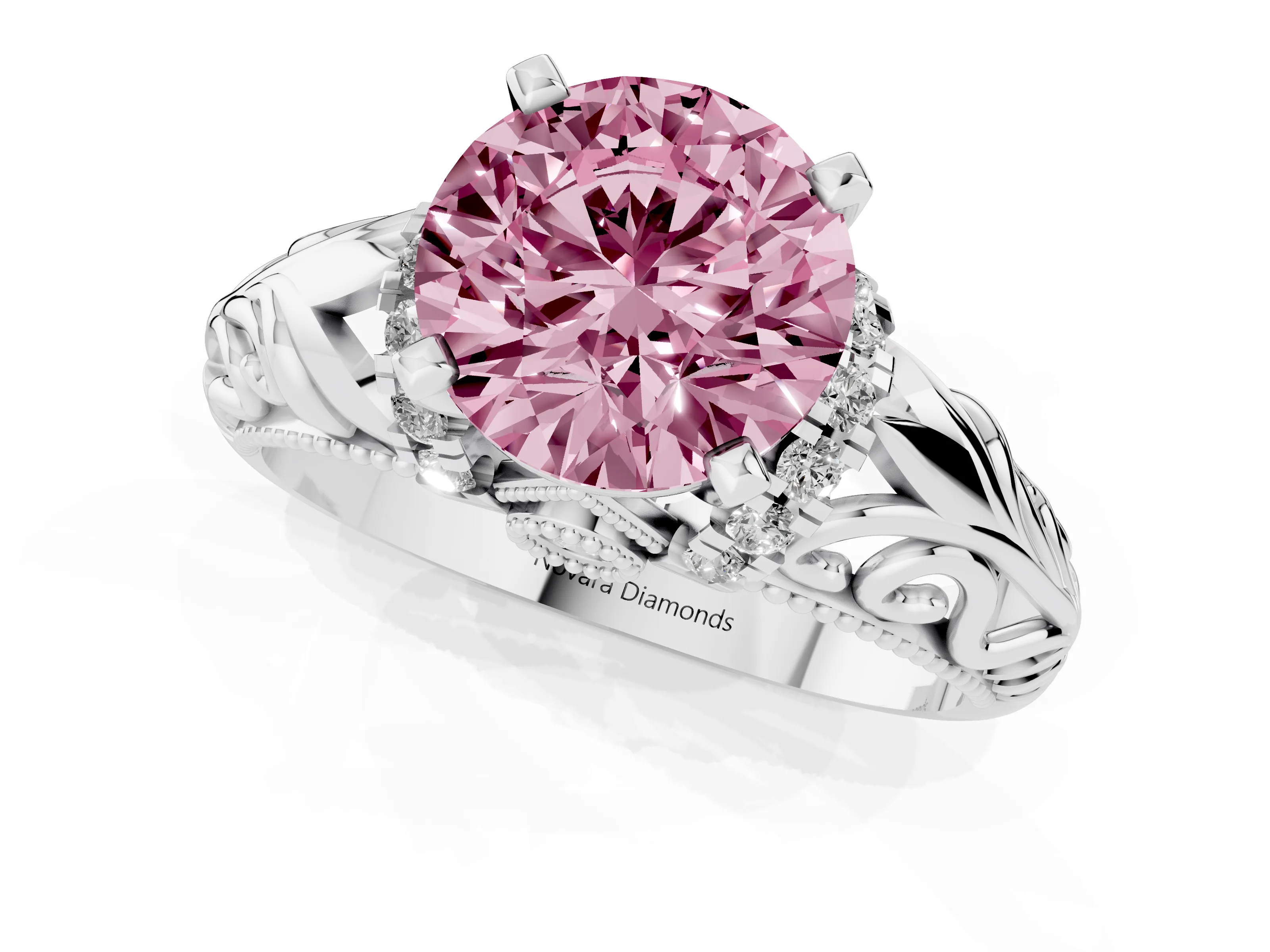 Fancy Pink Round Cut Diamond Filigree Halo Engagement Ring Set in Silver with Prong Setting