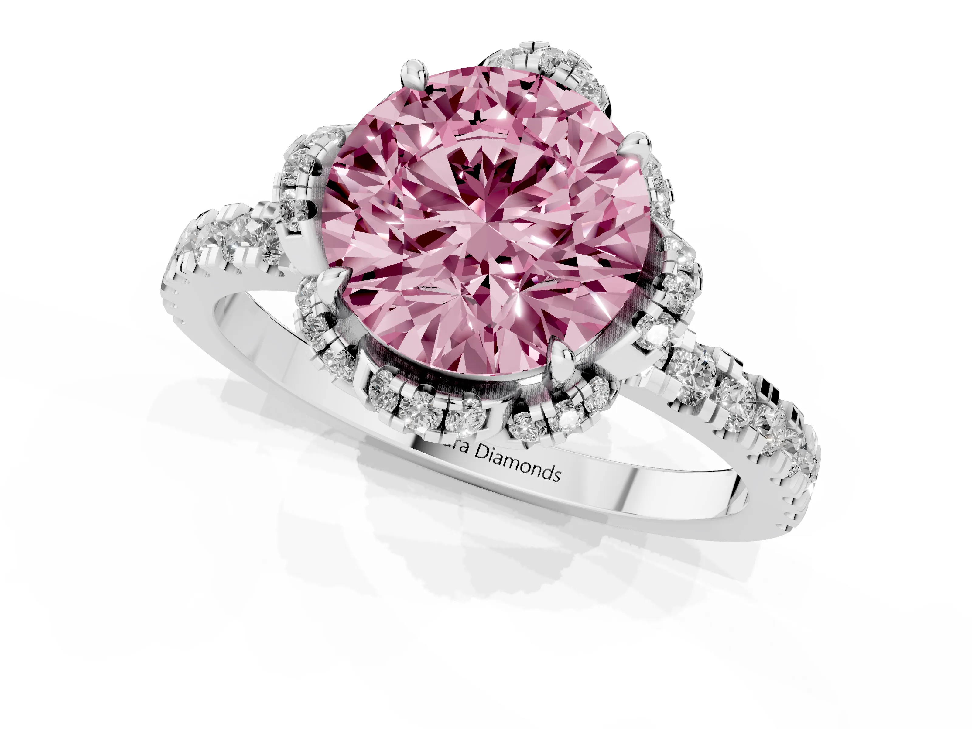 Fancy Pink Round Cut Diamond Halo Pavé Band Ring Set in Platinum with Prong-Held Center