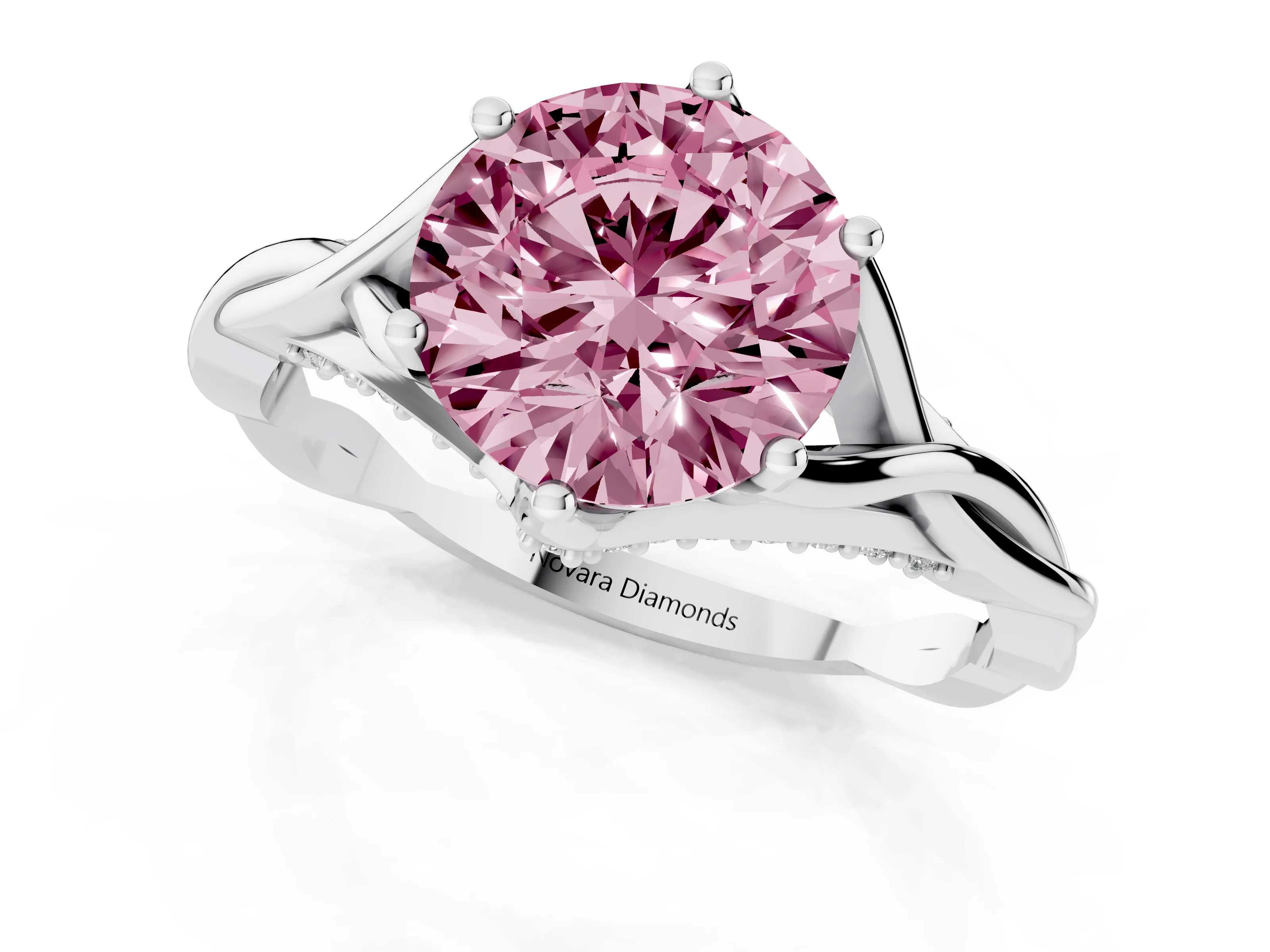 Fancy Pink Round Cut Diamond Intertwined Twist Band Solitaire Ring Set in White gold with Prong Setting