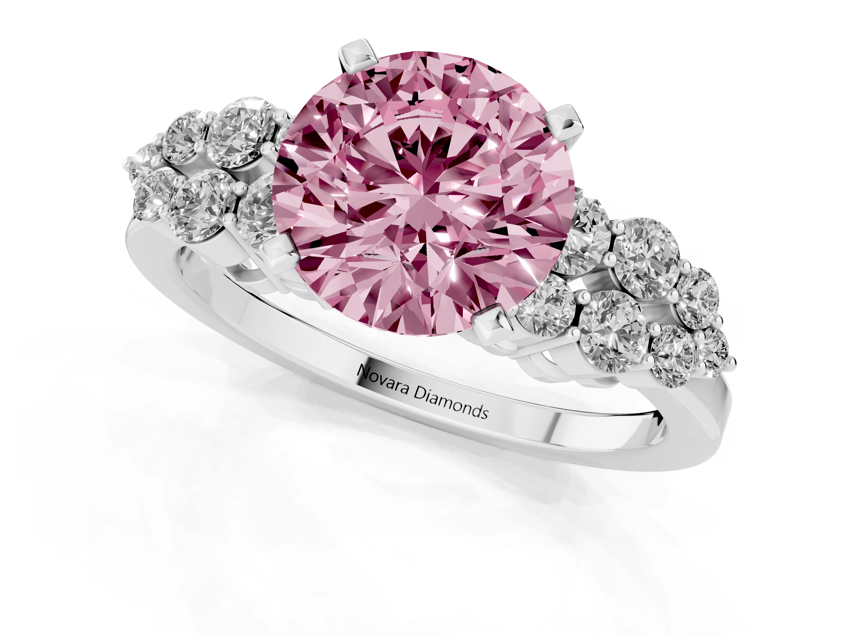 Fancy Pink Round Cut Diamond Cluster Engagement Ring Set in Silver with Pavé Band and Prong Setting