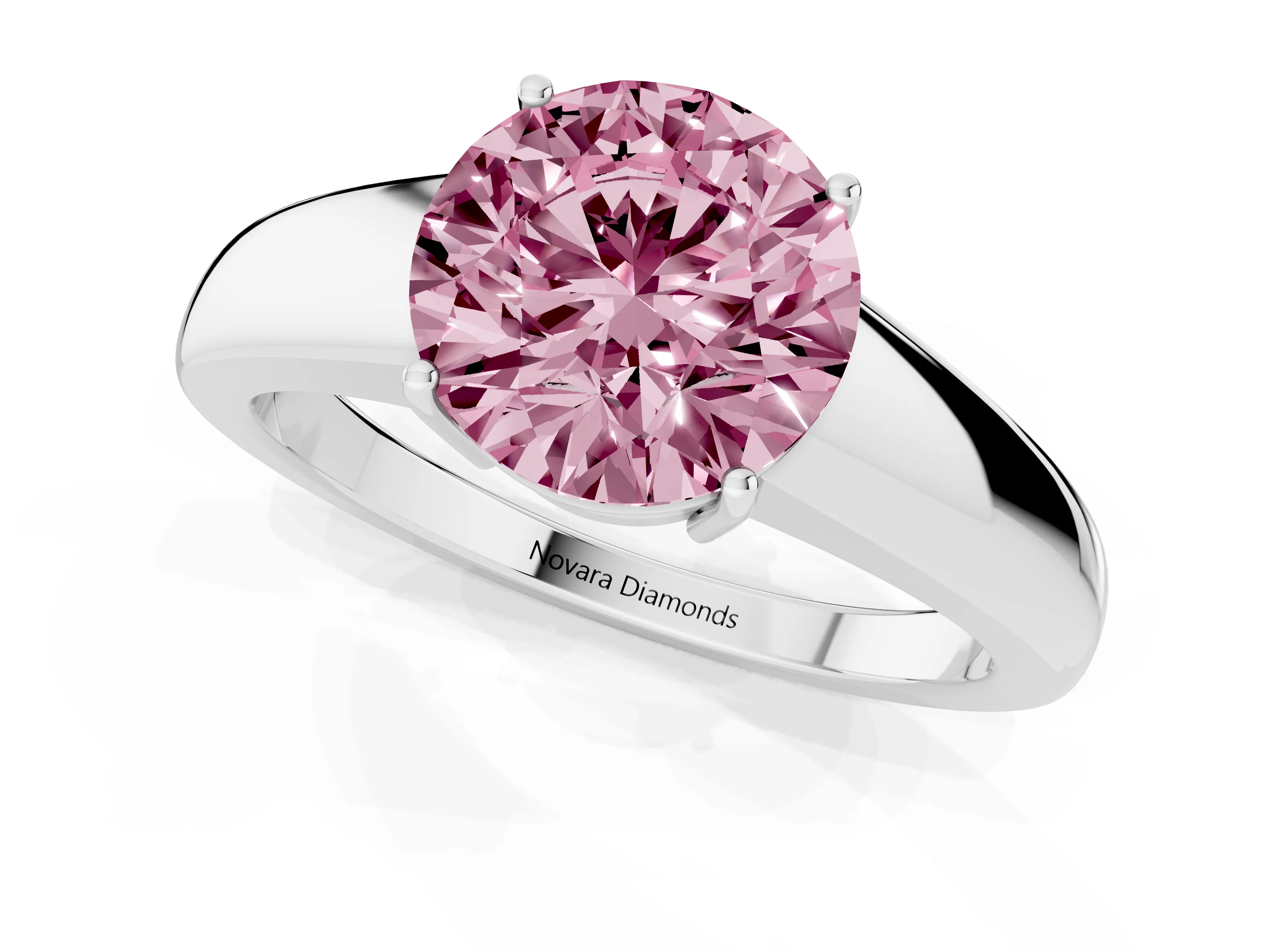 Fancy Pink Round Cut Diamond Solitaire Ring Set in Silver with Tapered Band and Prong Setting