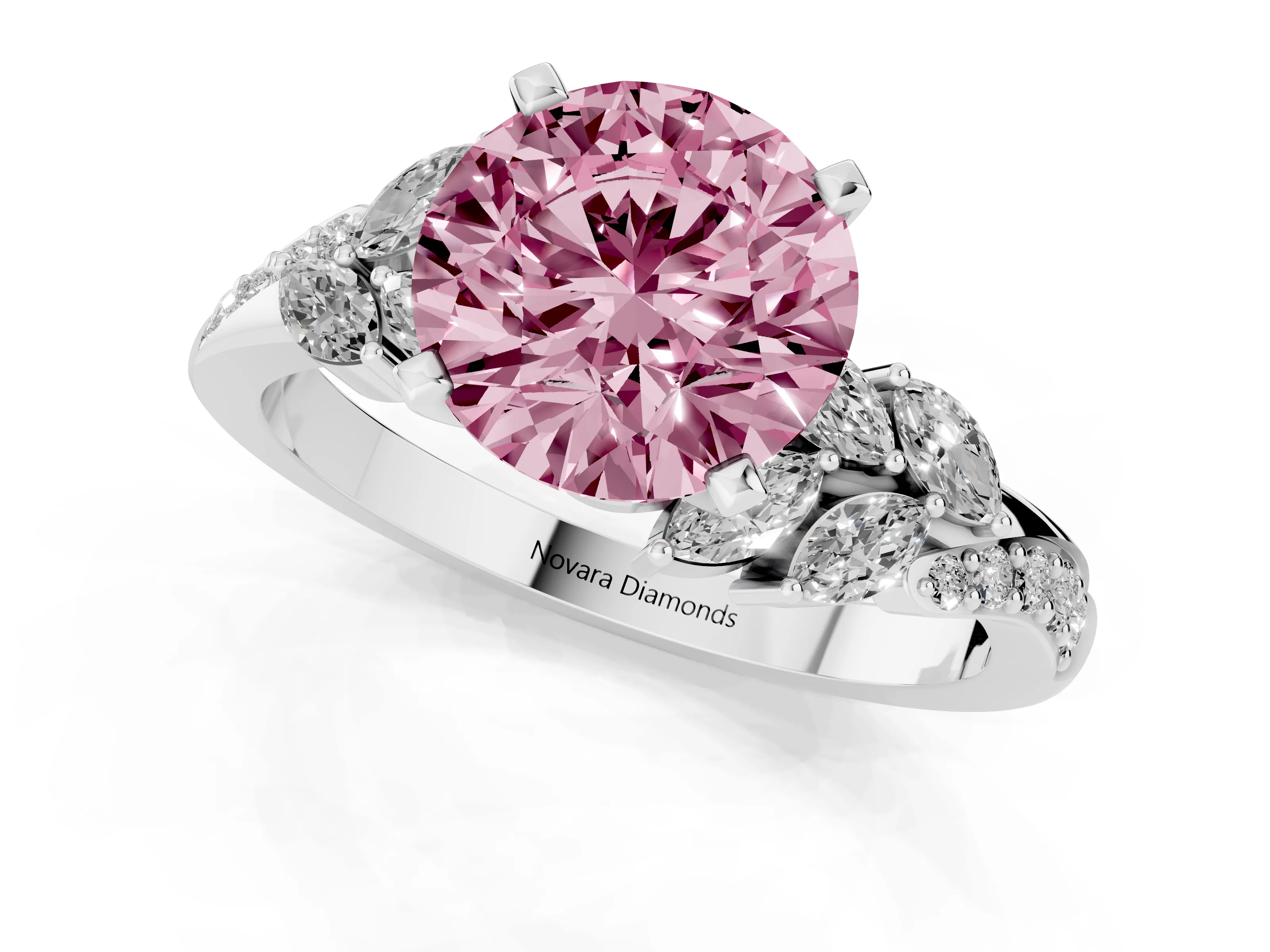 Fancy Pink Round Cut Diamond Solitaire Ring Set in Silver with Marquise Twist Band and Prong Setting