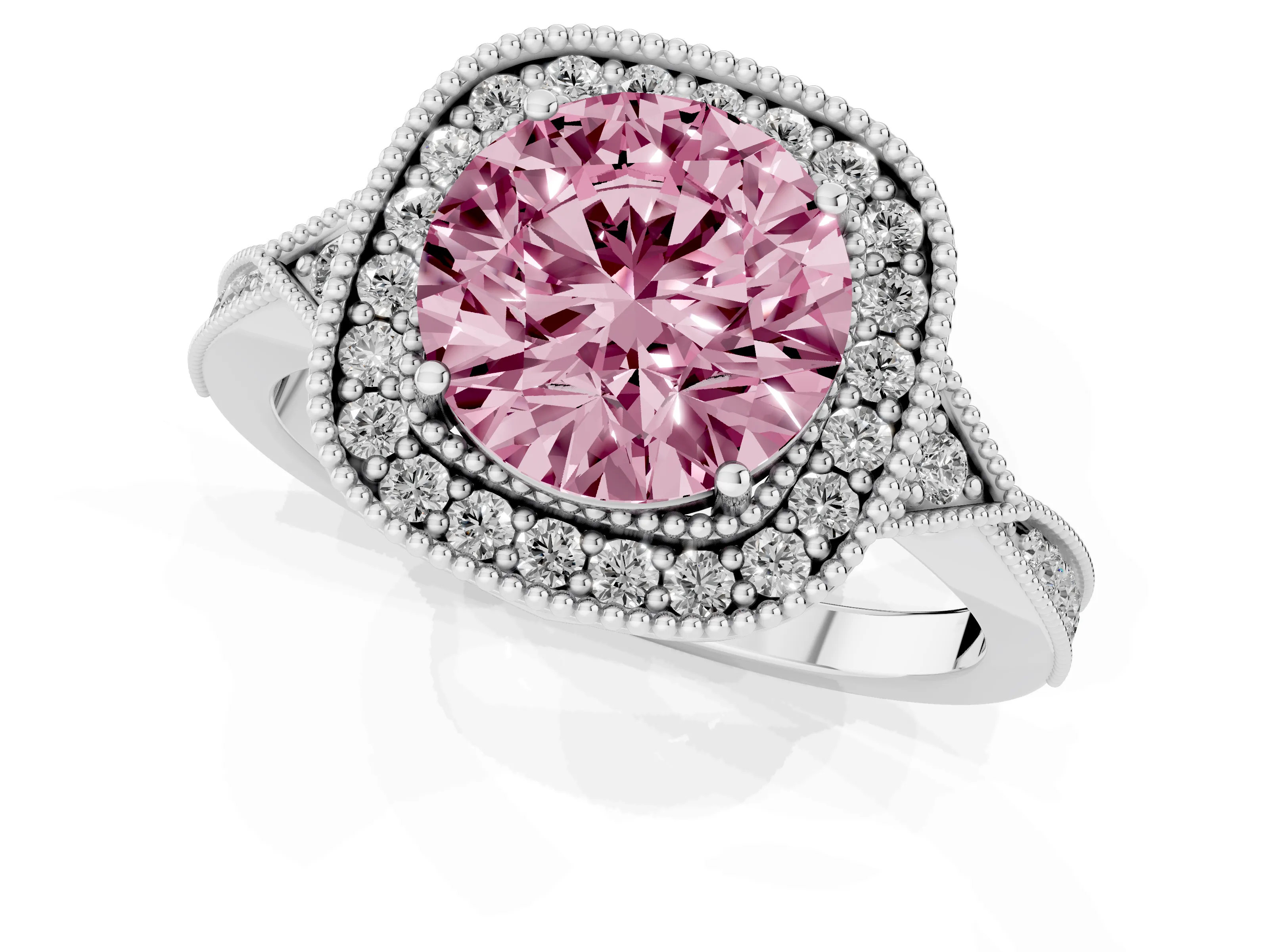 Fancy Pink Round Cut Diamond Halo Engagement Ring Set in Platinum with Milgrain Pavé Band – second view