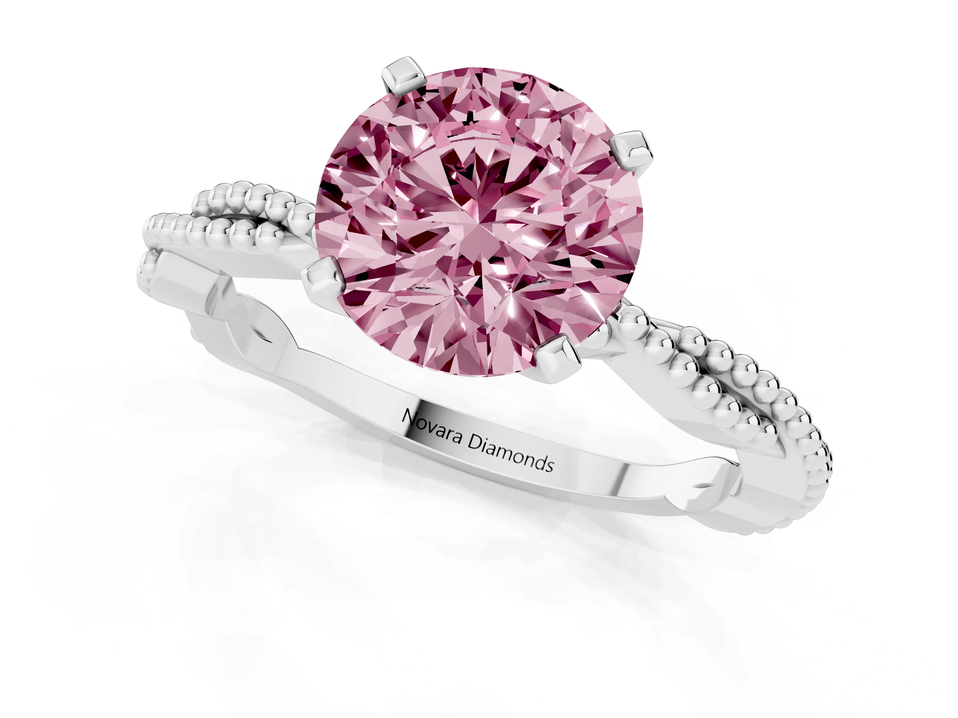 Fancy Pink Round Cut Diamond Solitaire Ring Set in Silver with Twisted Band and Bead Prong Setting