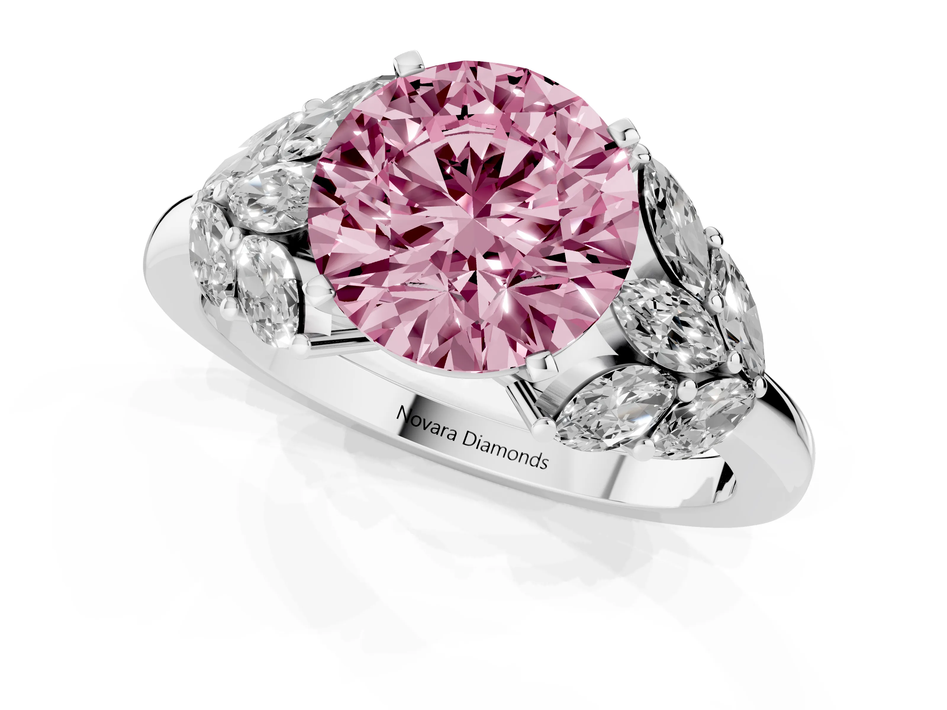 Fancy Pink Round Cut Diamond Cluster Leaf Design Ring Set in Platinum with Prong Setting