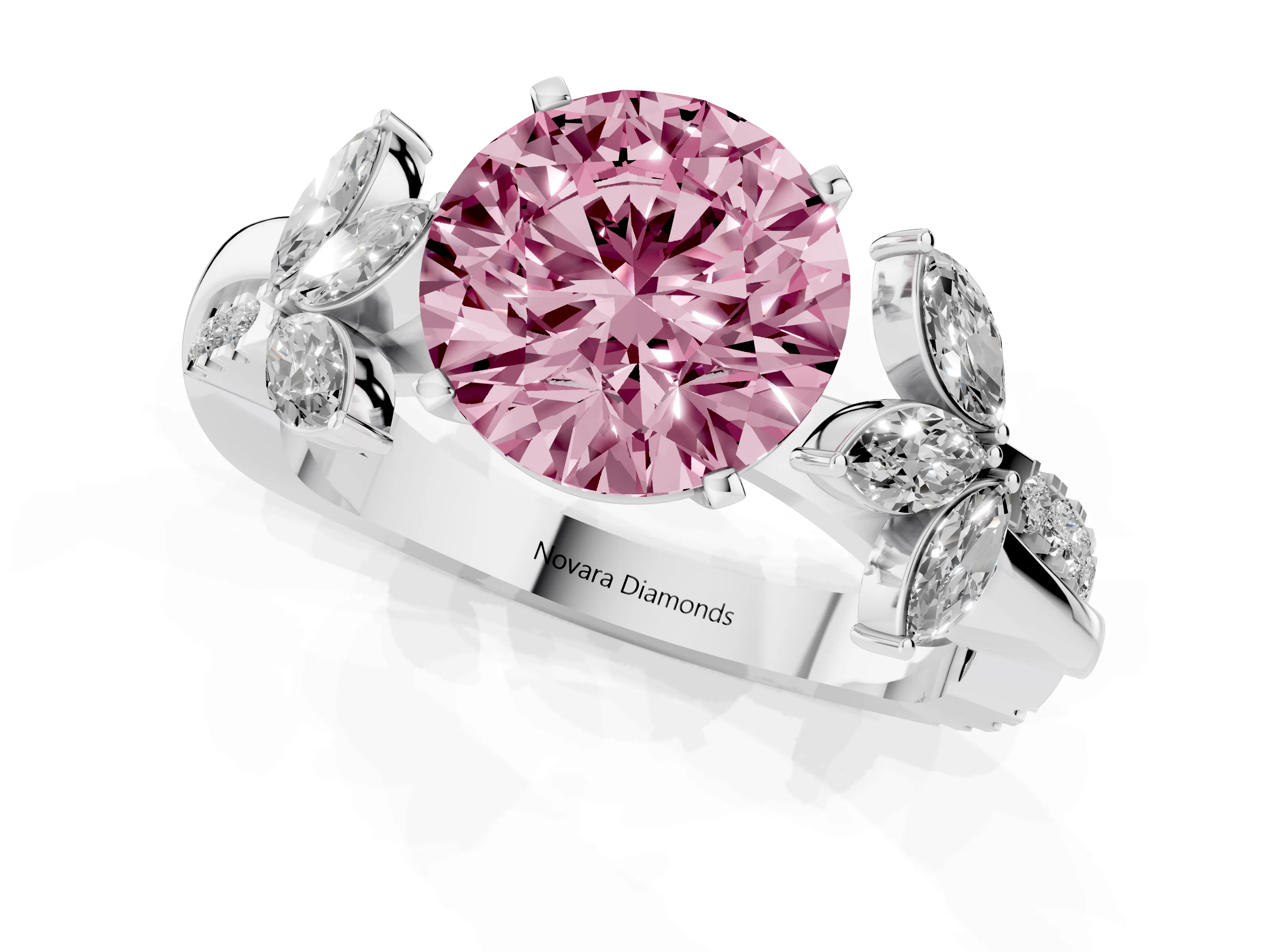 Fancy Pink Round Cut Diamond Floral Vine Solitaire Engagement Ring Set in White gold with Marquise Leaves