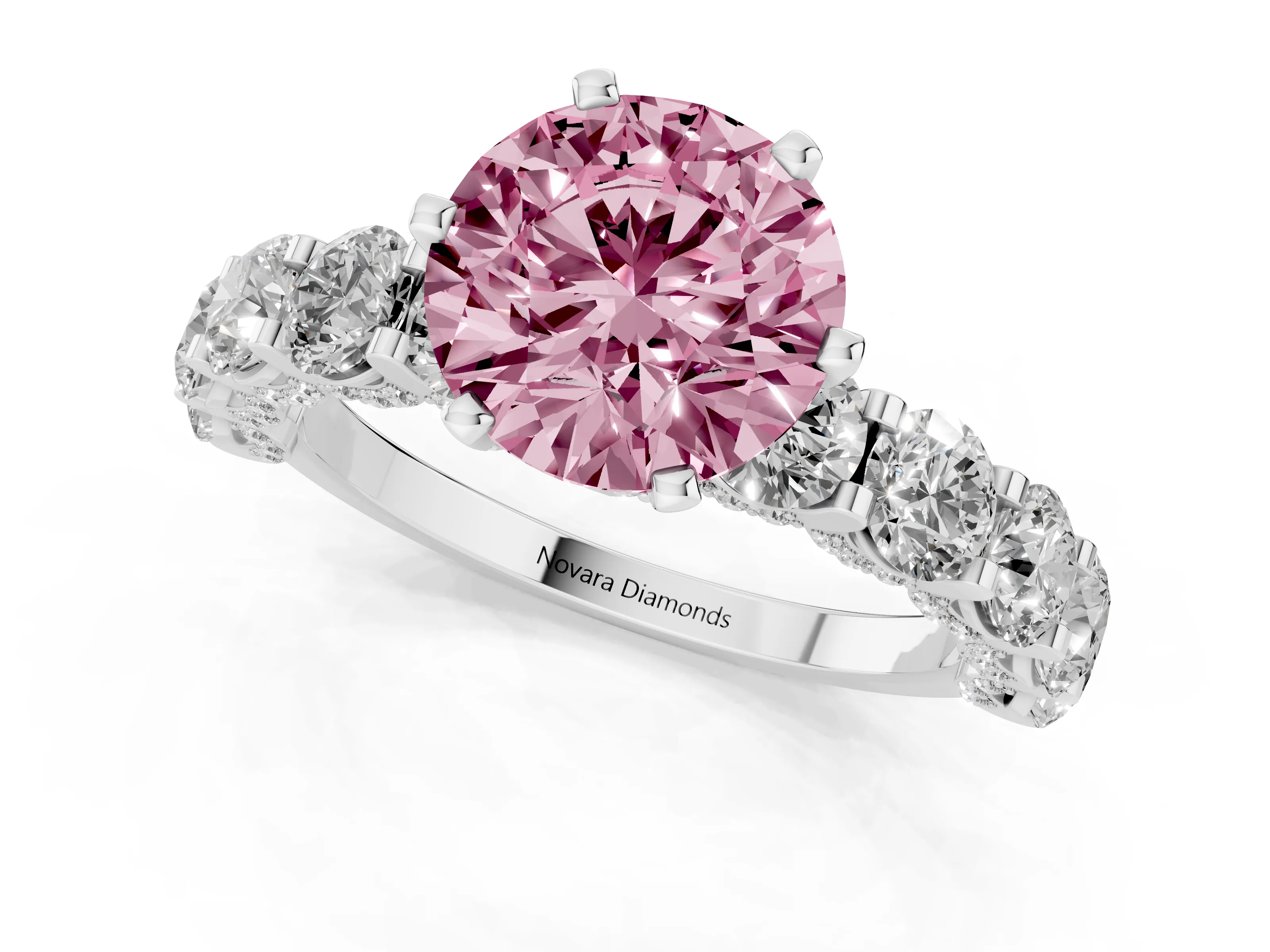 Fancy Pink Round Cut Diamond Side Stone Ring Set in White gold with Alternating Round and Oval Side Stones