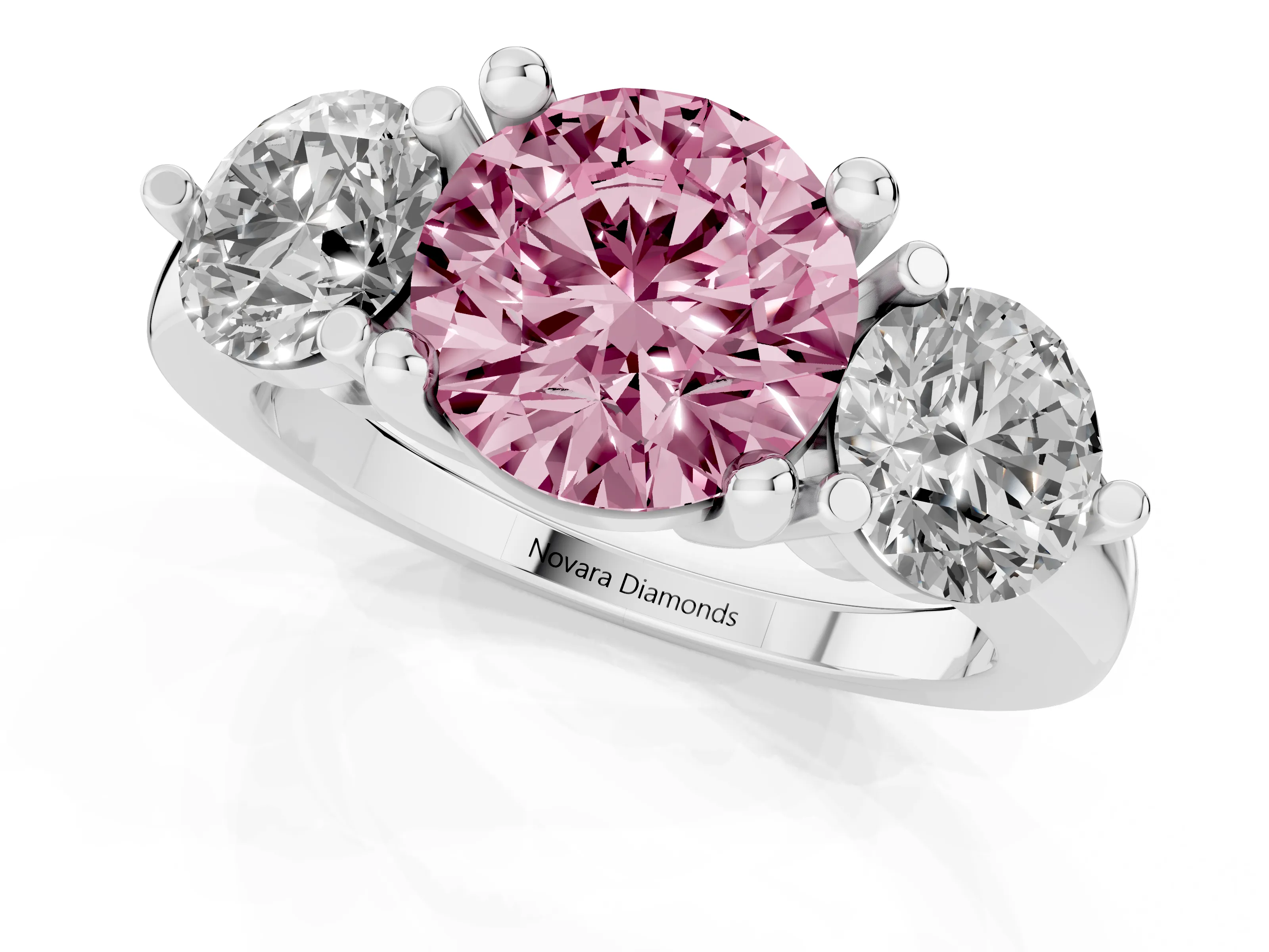 Fancy Pink Round Cut Diamond Three-Stone Ring Set in White gold with Prong Setting and Classic Band