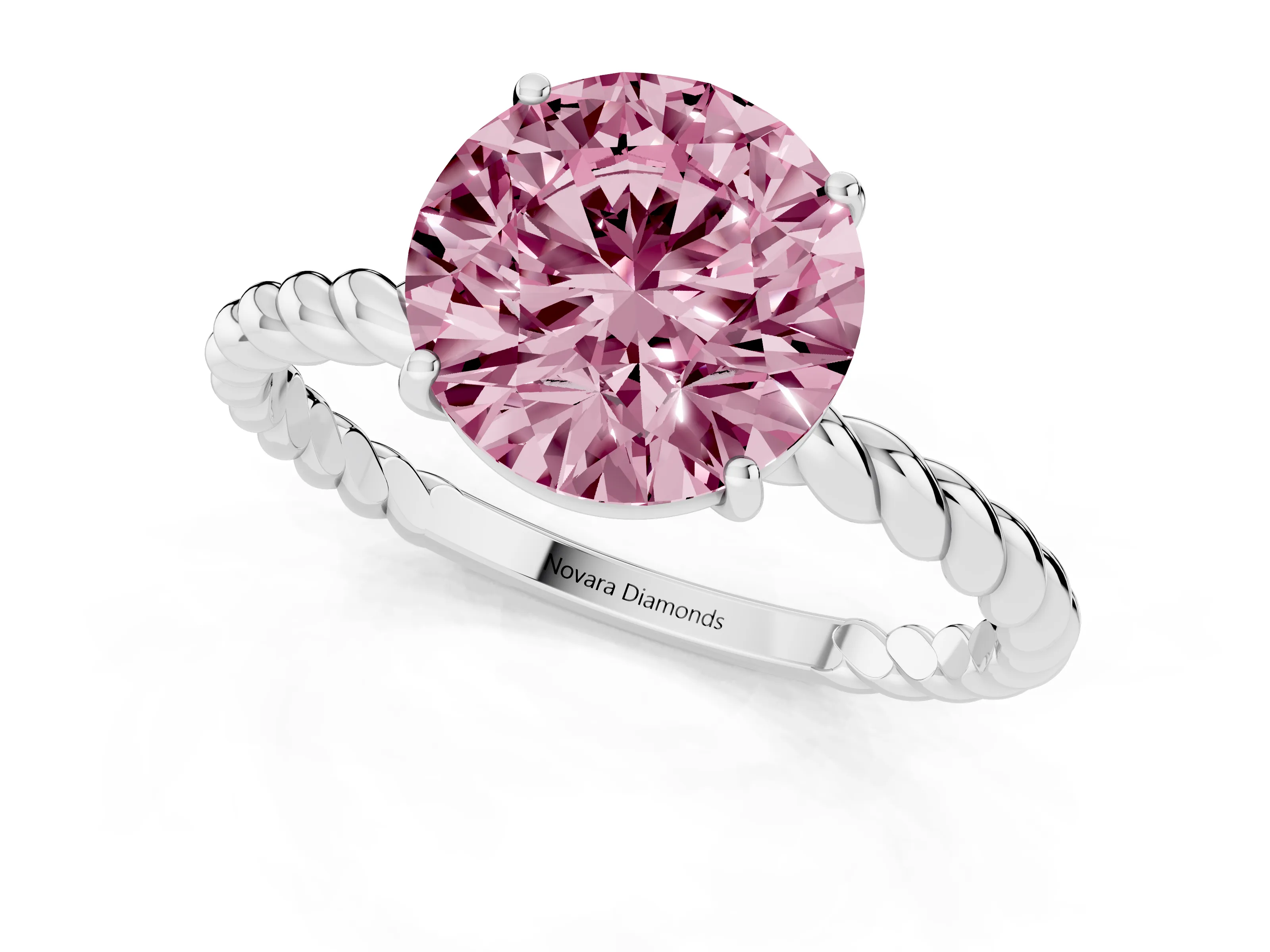 Fancy Pink Round Cut Diamond Solitaire Ring Set in Platinum with Twist Band and Prong Setting