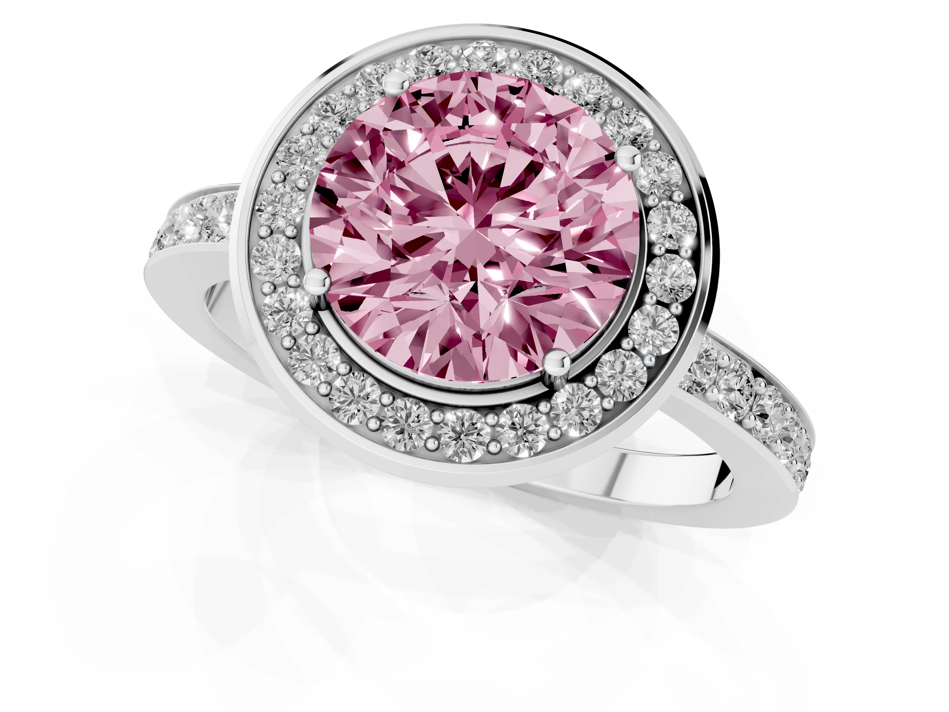 Fancy Pink Round Cut Diamond Halo Ring Set in Silver with Bezel Frame and Pavé Band