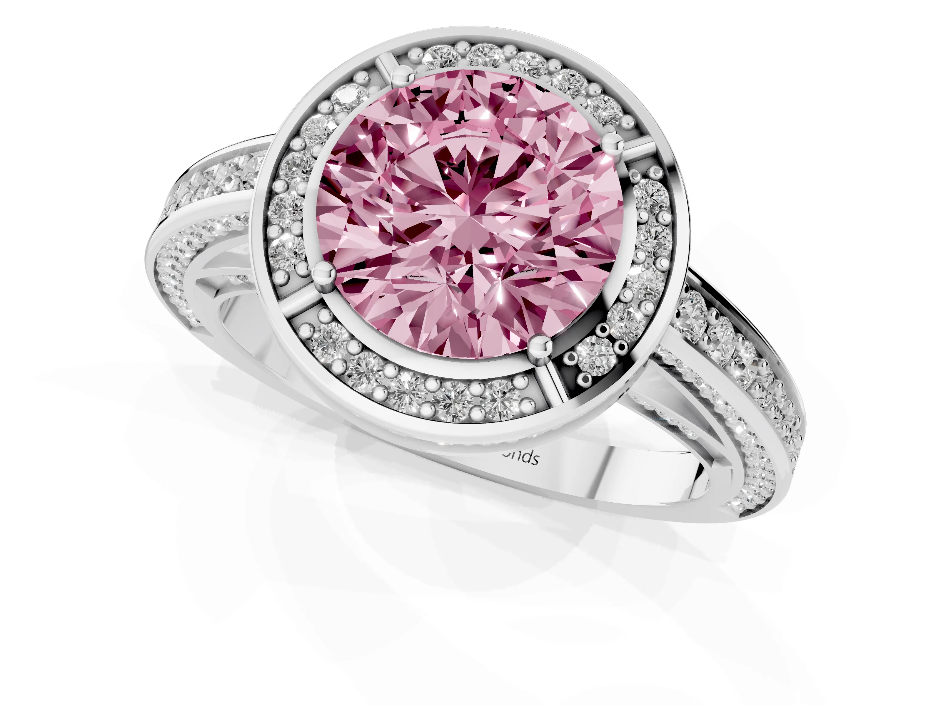 Fancy Pink Round Cut Diamond Halo Pavé Split Shank Ring Set in White gold with Prong Setting
