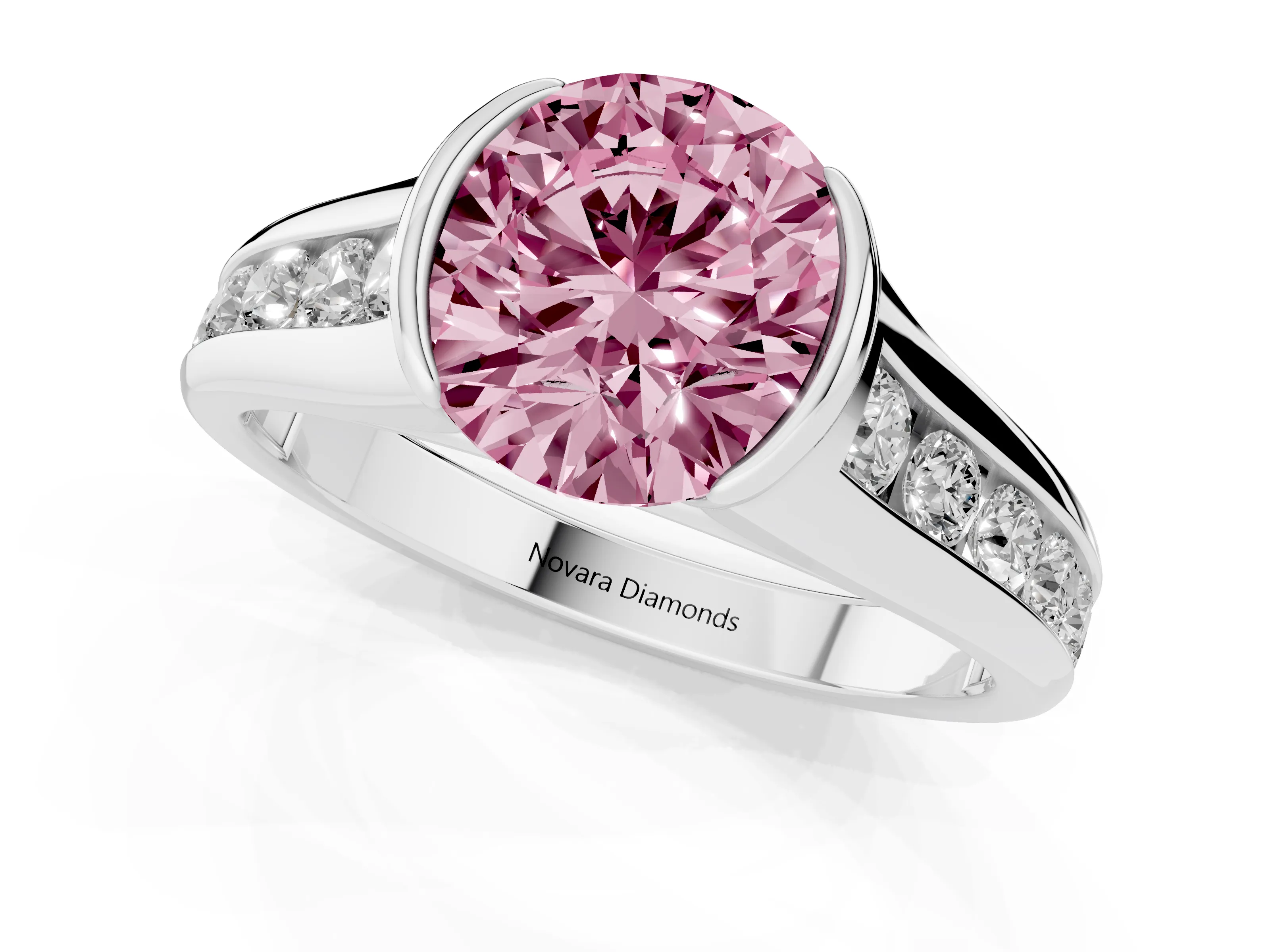 Fancy Pink Round Cut Diamond Bezel-Set Solitaire Ring Set in White gold with Channel-Set Band