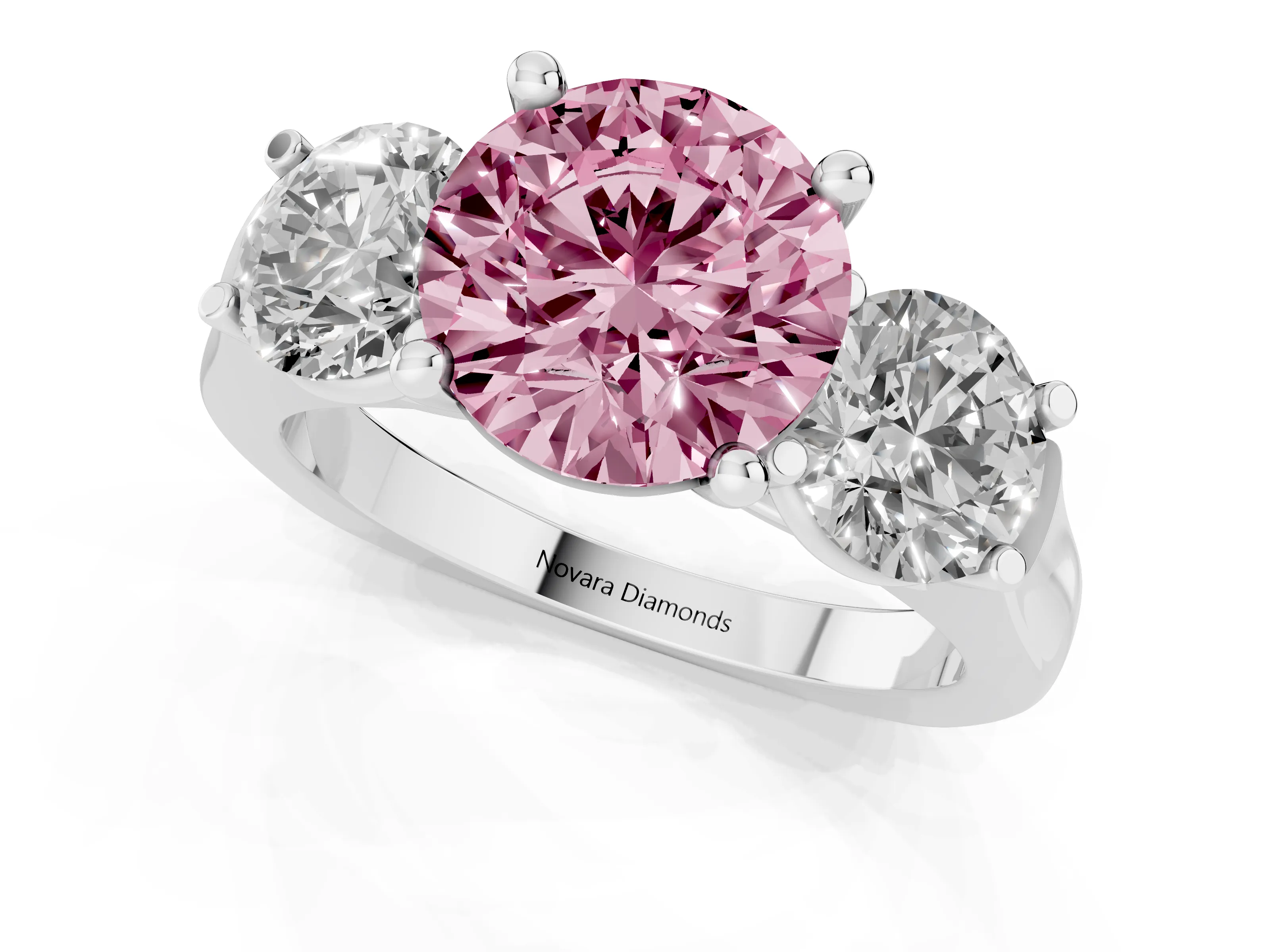 Fancy Pink Round Cut Diamond Three-Stone Trellis Ring Set in White gold with Comfort Fit Band