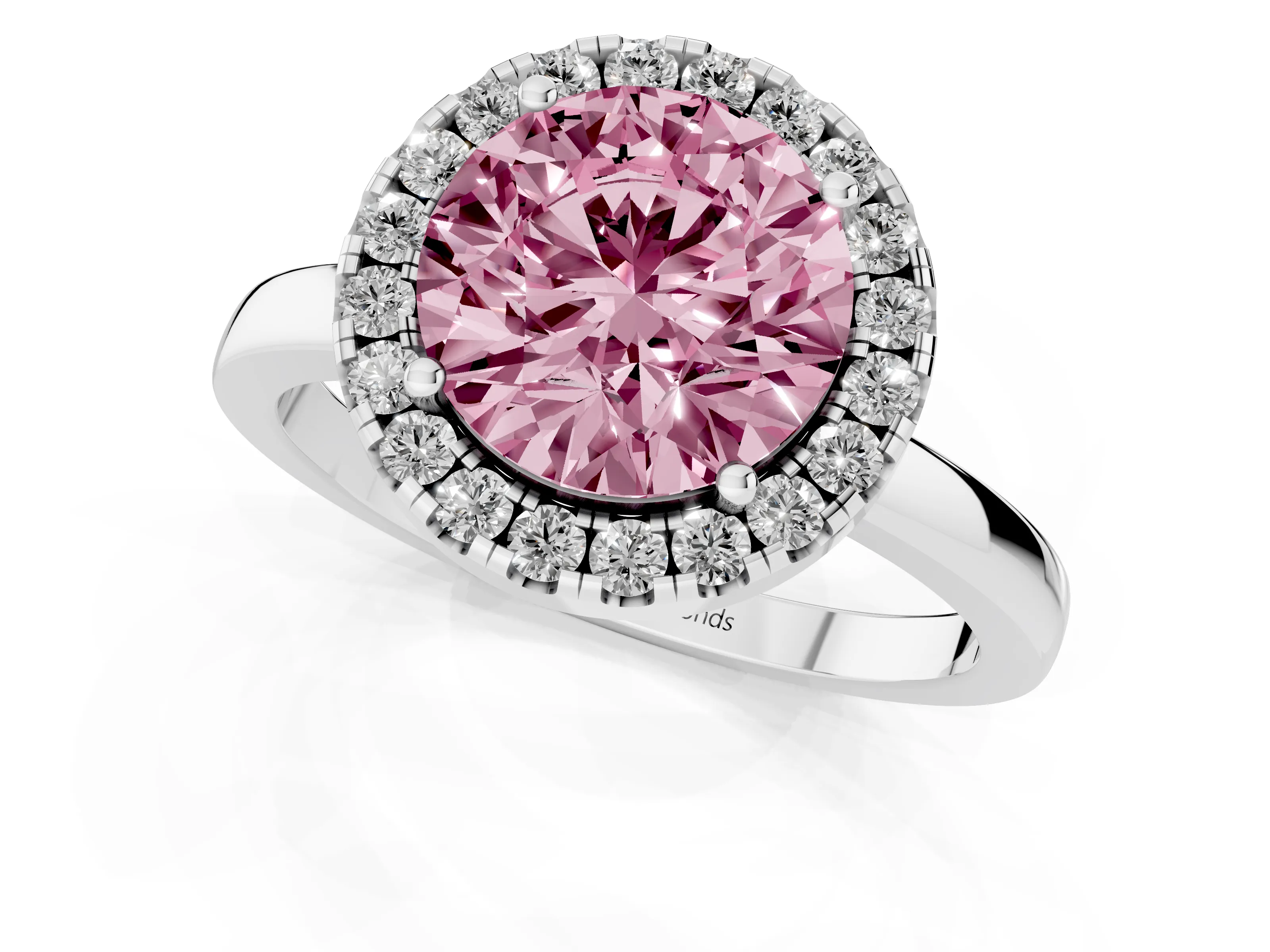 Fancy Pink Round Cut Diamond Halo Solitaire Ring Set in Platinum with Pavé Band and Prong Setting