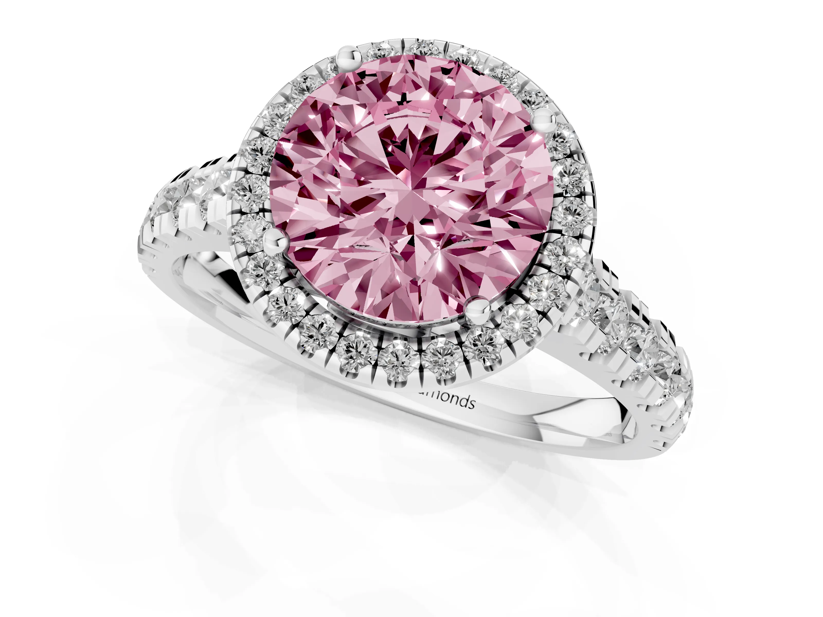 Fancy Pink Round Cut Diamond Halo Engagement Ring Set in Platinum with Pavé Band and Prong-Set Center
