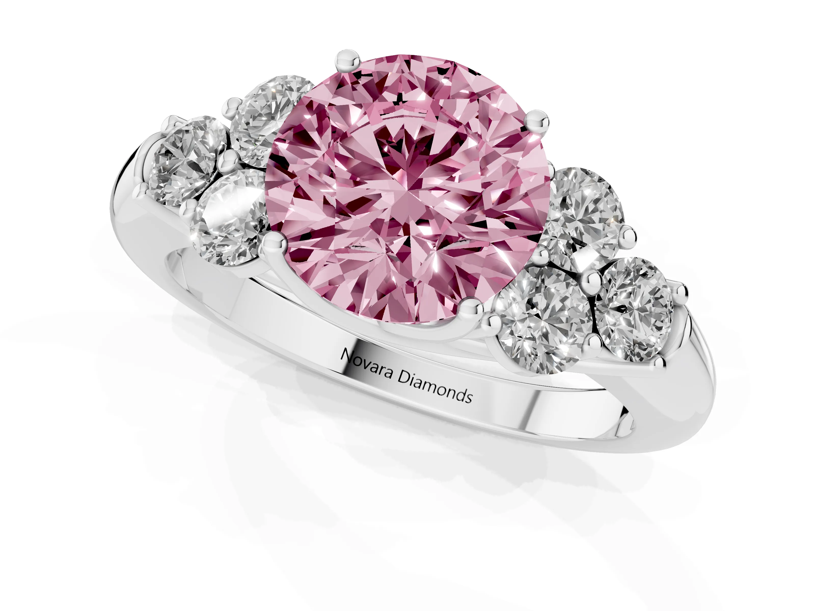 Fancy Pink Round Cut Diamond Cluster Ring Set in Silver with Round Accent Stones and Prong Setting on a Plain Band