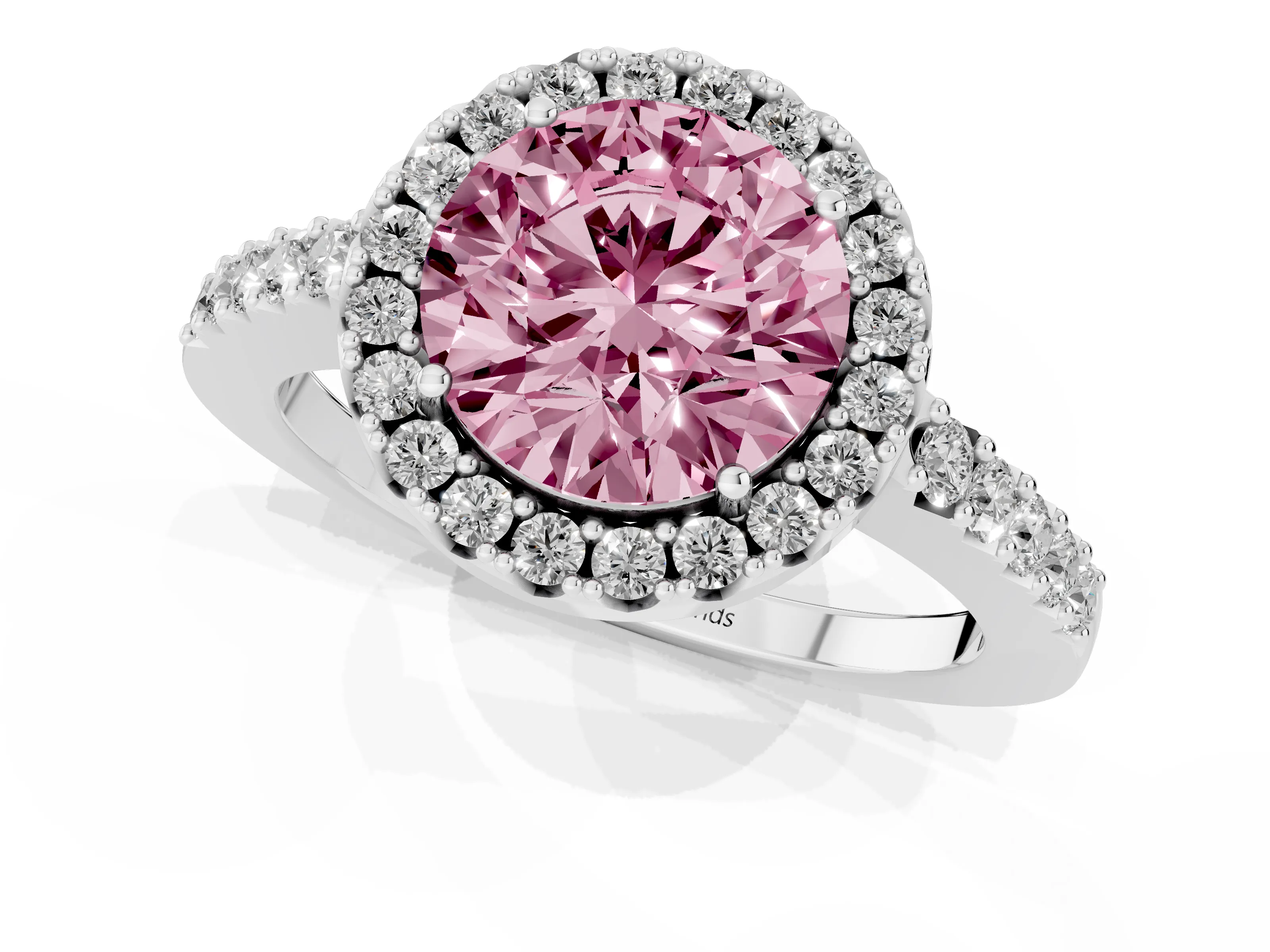 Fancy Pink Round Cut Diamond Halo Pavé Solitaire Ring Set in Silver with Prong-Set Center Stone