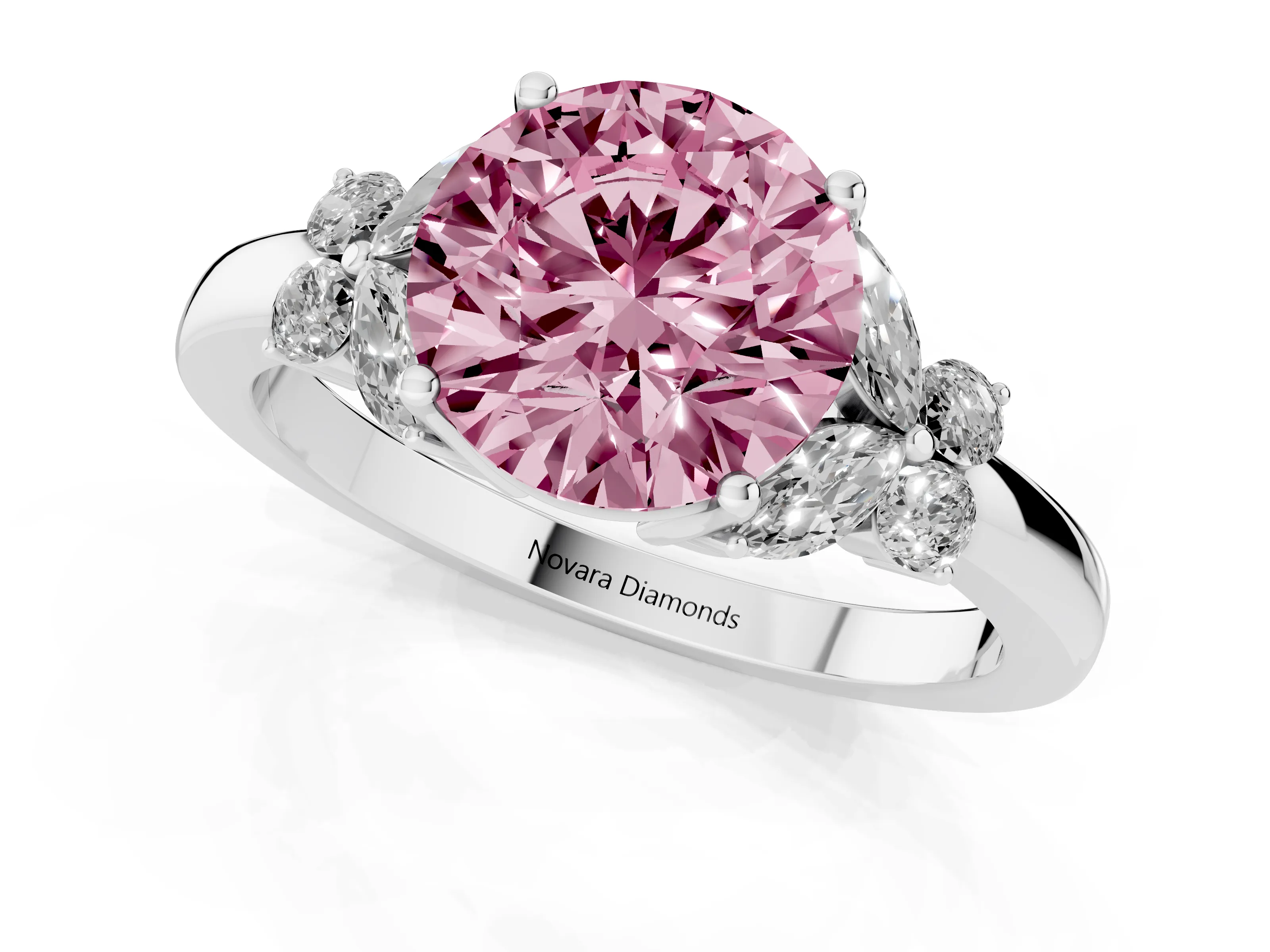 Fancy Pink Round Cut Diamond Solitaire Floral Ring Set in White gold with Marquise Petals and Prong Setting