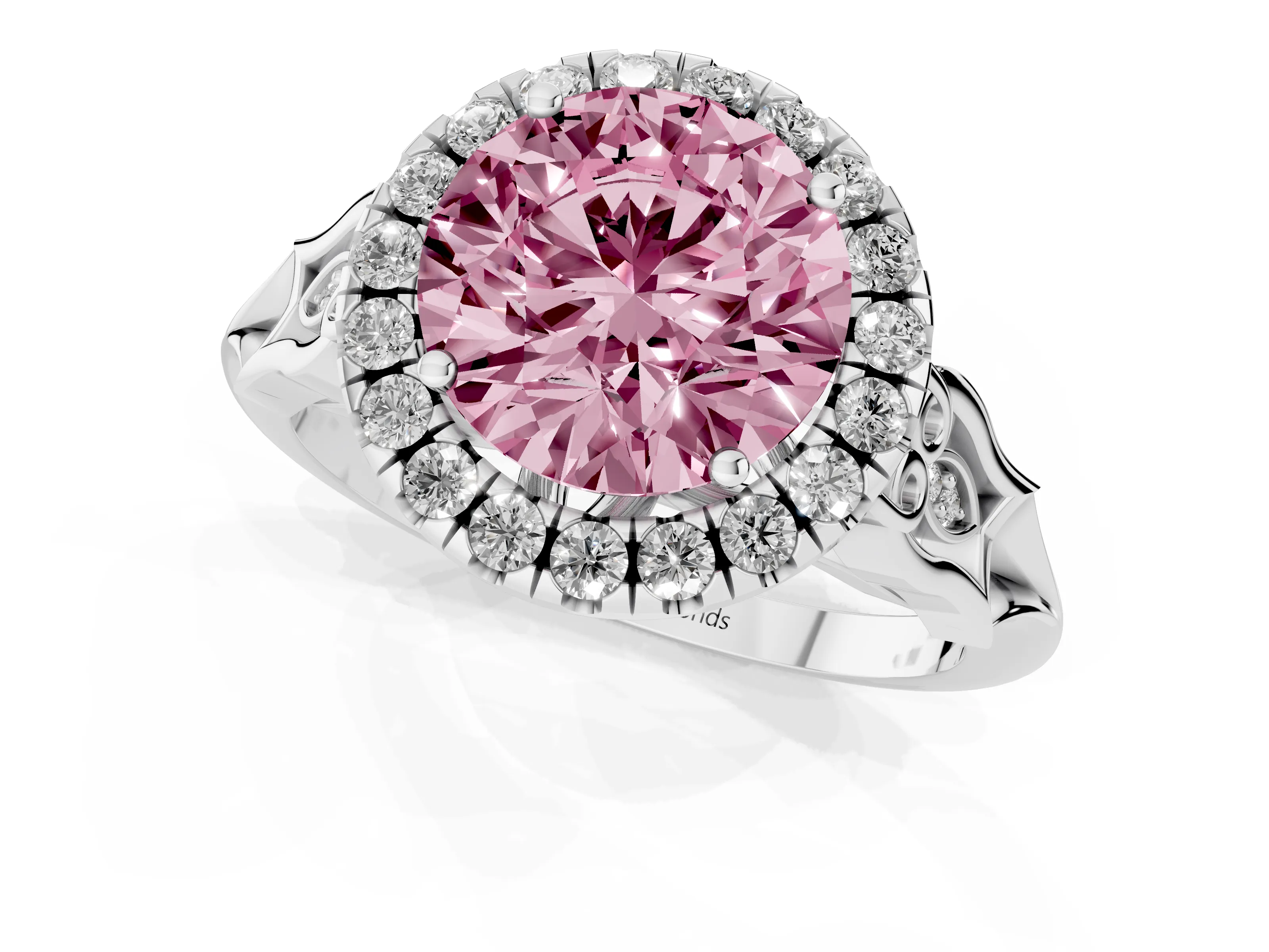 Fancy Pink Round Cut Diamond Halo Engagement Ring Set in Platinum with Filigree Band and Prong-Set Center – second view