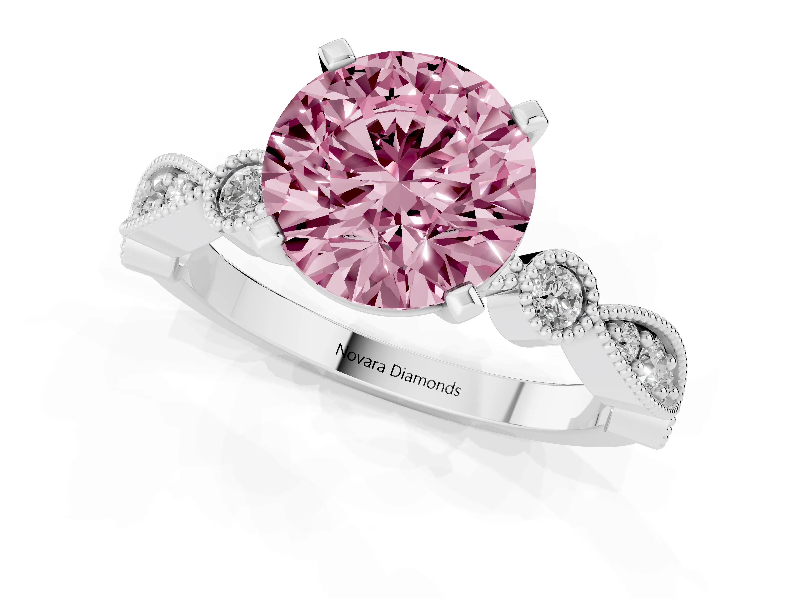 Fancy Pink Round Cut Diamond Solitaire Engagement Ring Set in Silver with Milgrain Bezel Accent Band