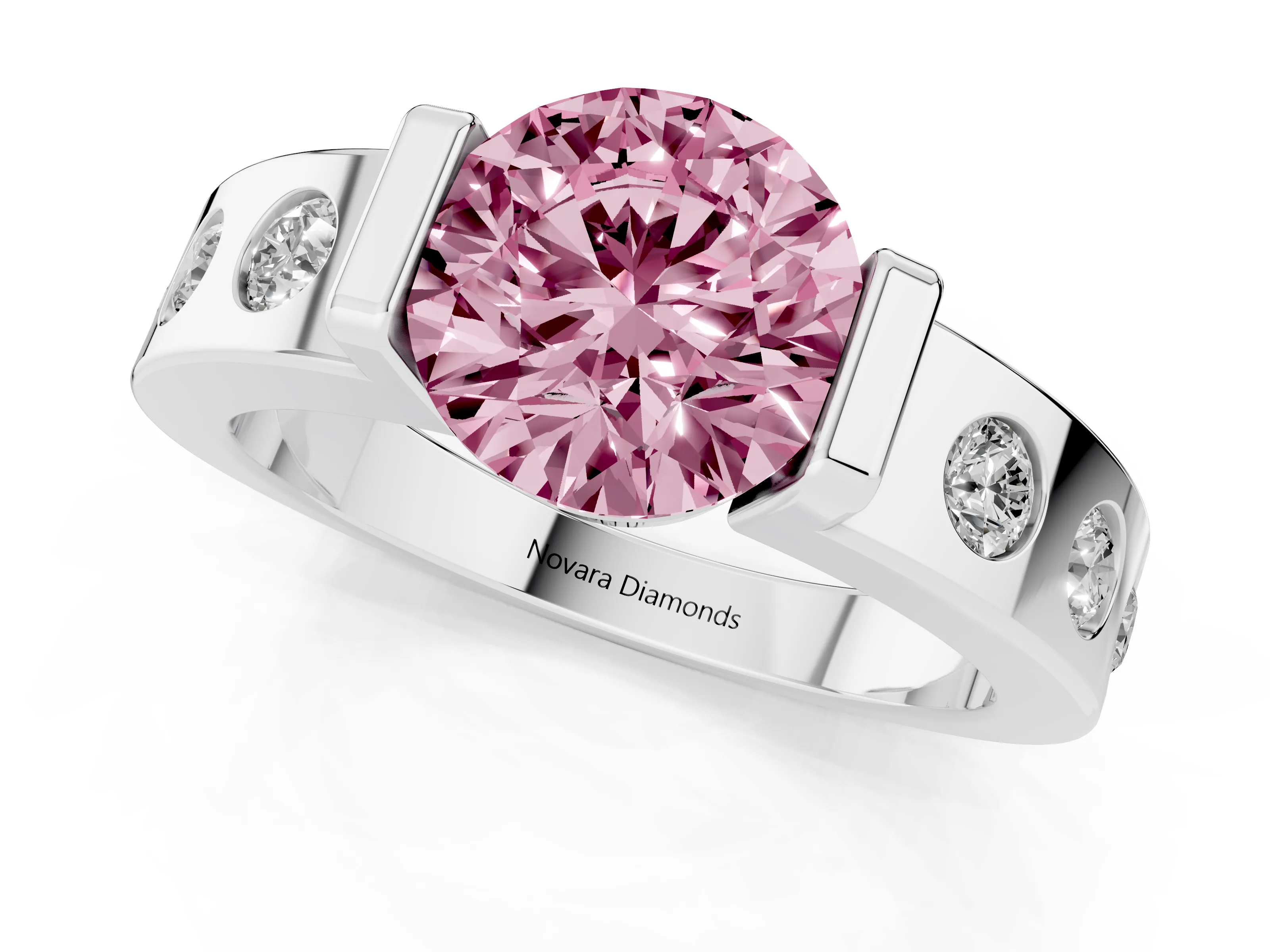 Fancy Pink Round Cut Diamond Channel-Set Band Ring Set in Silver with Bezel Prong Setting