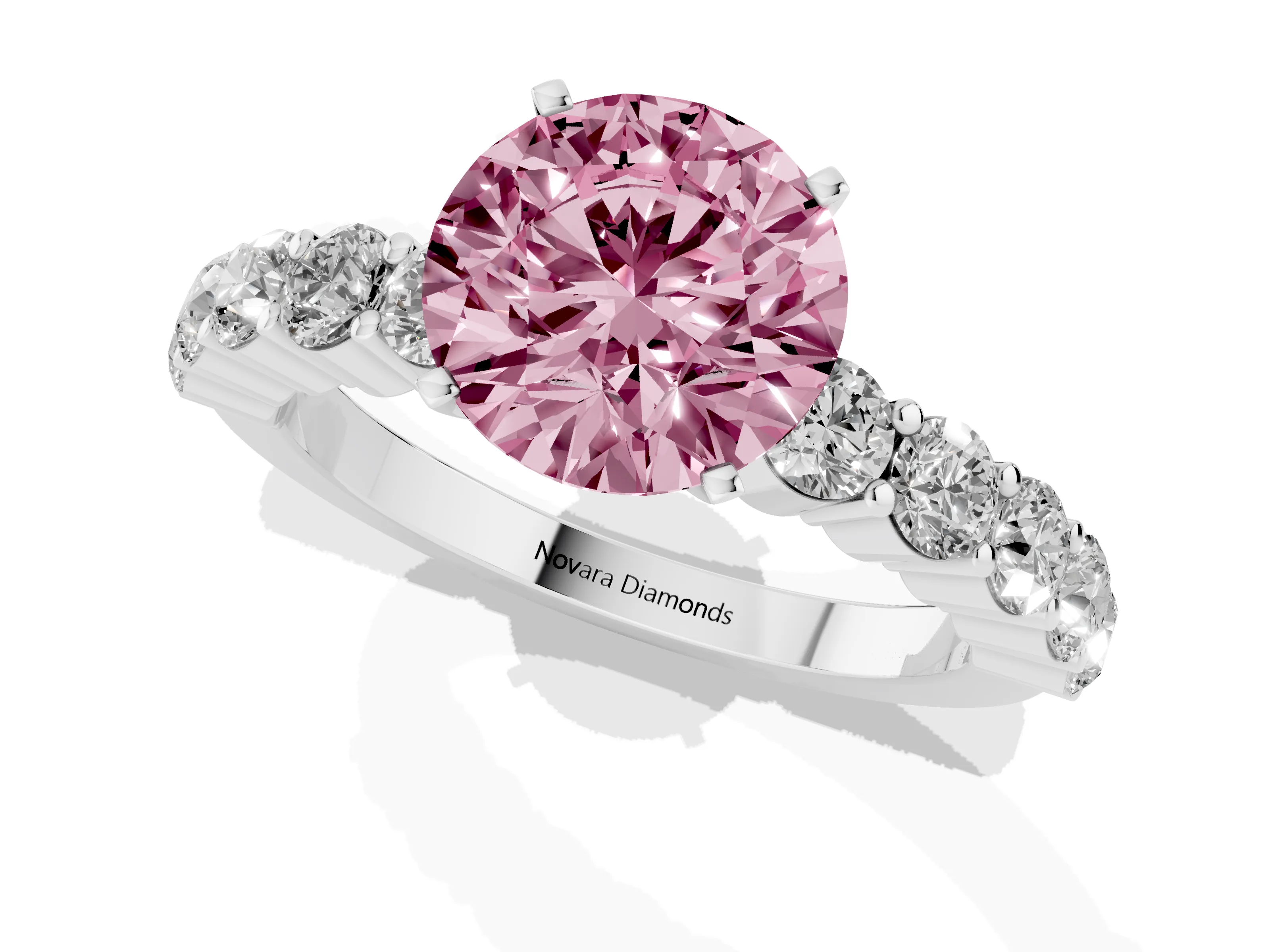 Fancy Pink Round Cut Diamond Solitaire Ring Set in Platinum with Shared Prong Round Side Stones
