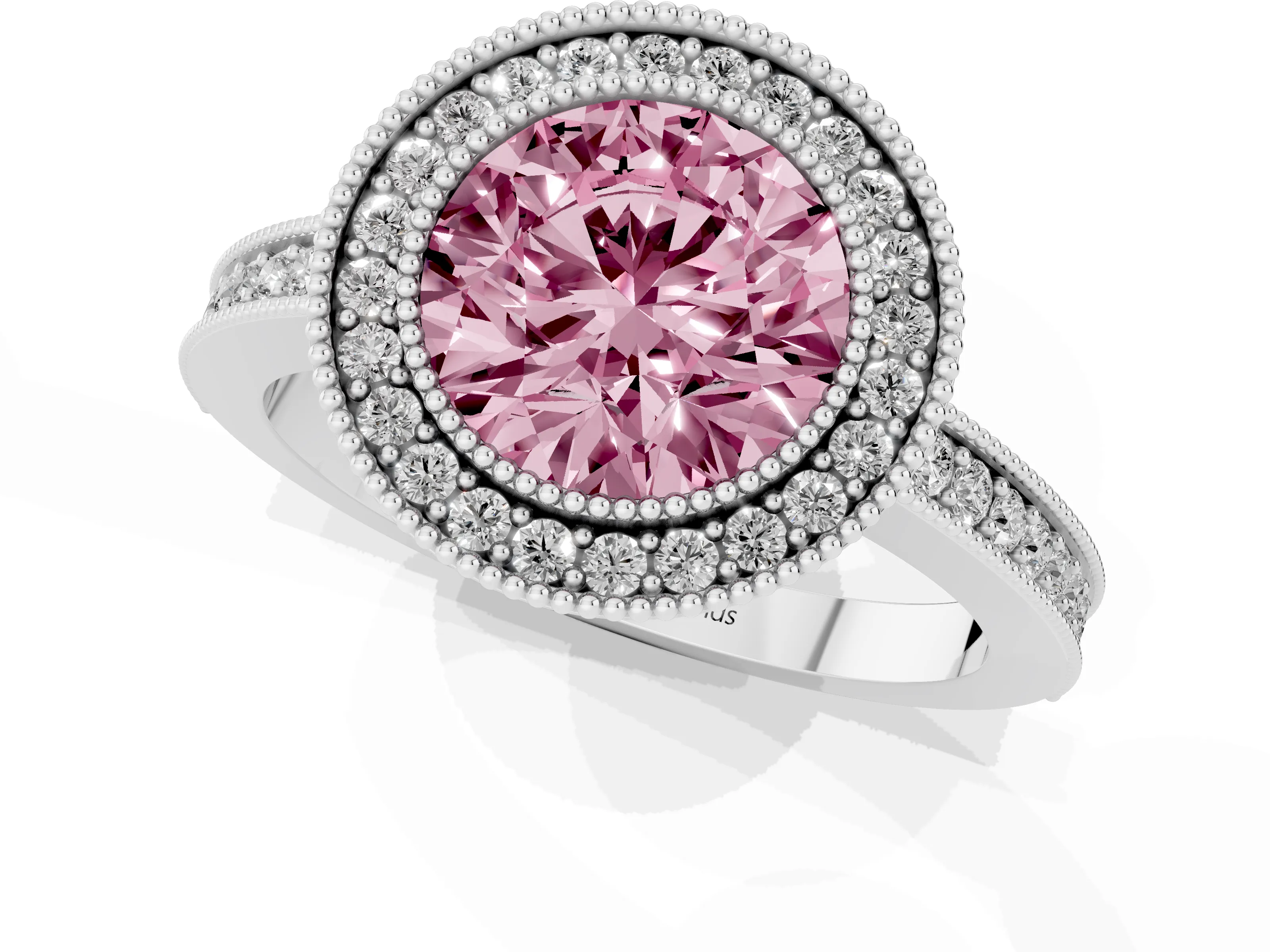 Fancy Pink Round Cut Diamond Round Halo Ring Set in White gold with Pavé Band