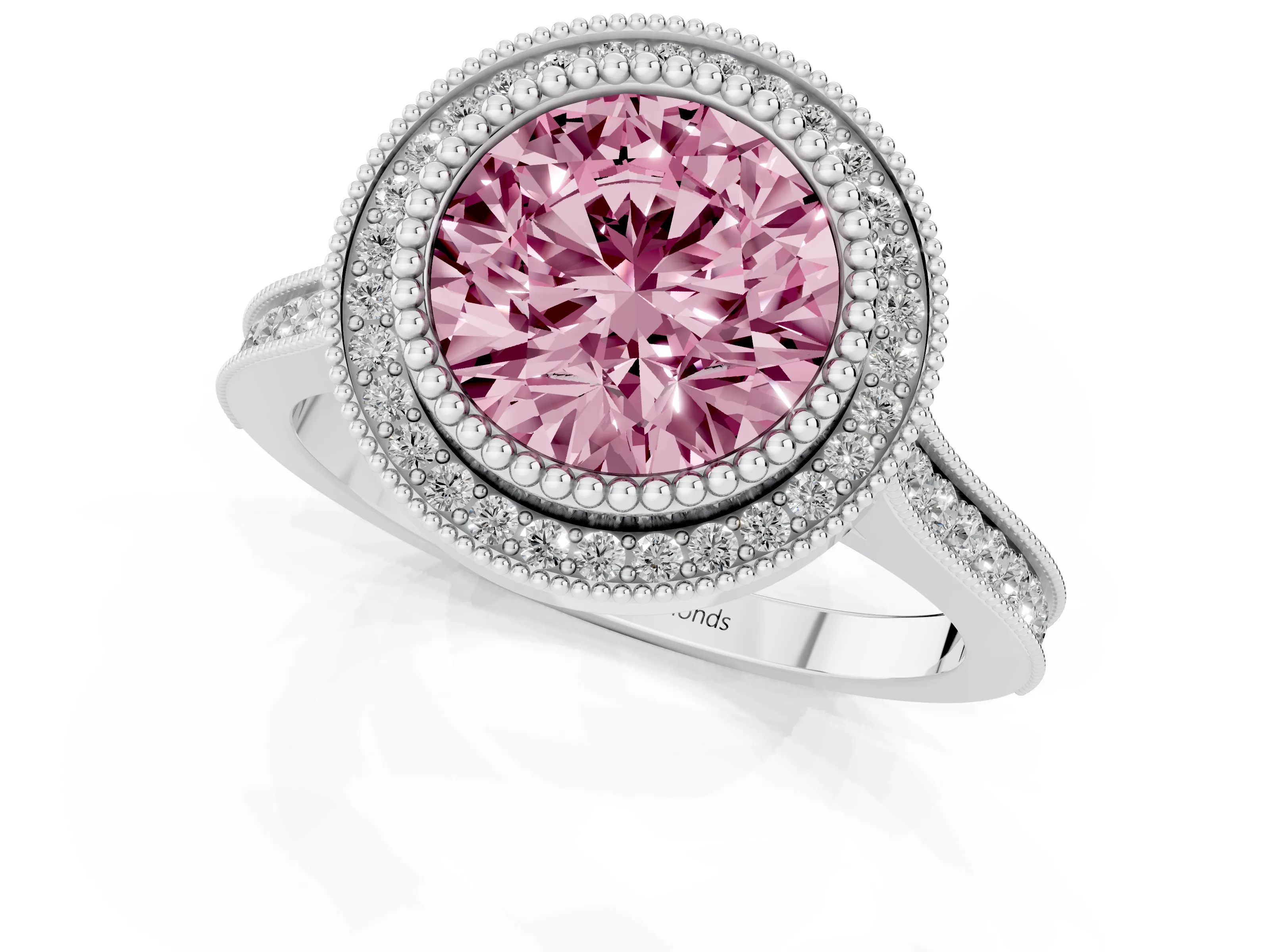 Fancy Pink Round Cut Diamond Halo Ring Set in White gold with Milgrain Frame and Pavé Band