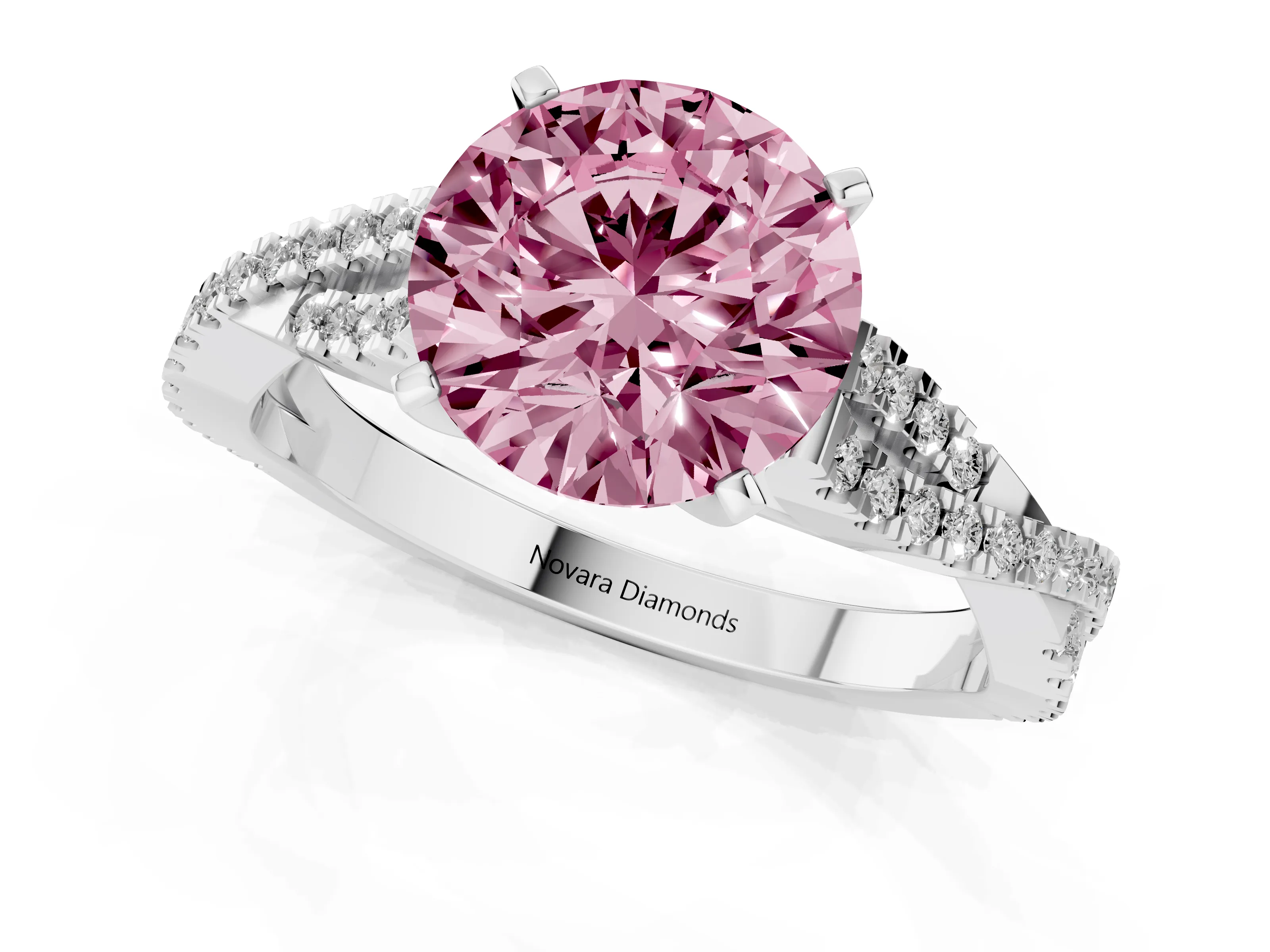 Fancy Pink Round Cut Diamond Solitaire Engagement Ring Set in Platinum with Twisted Pavé Band and Prong Setting