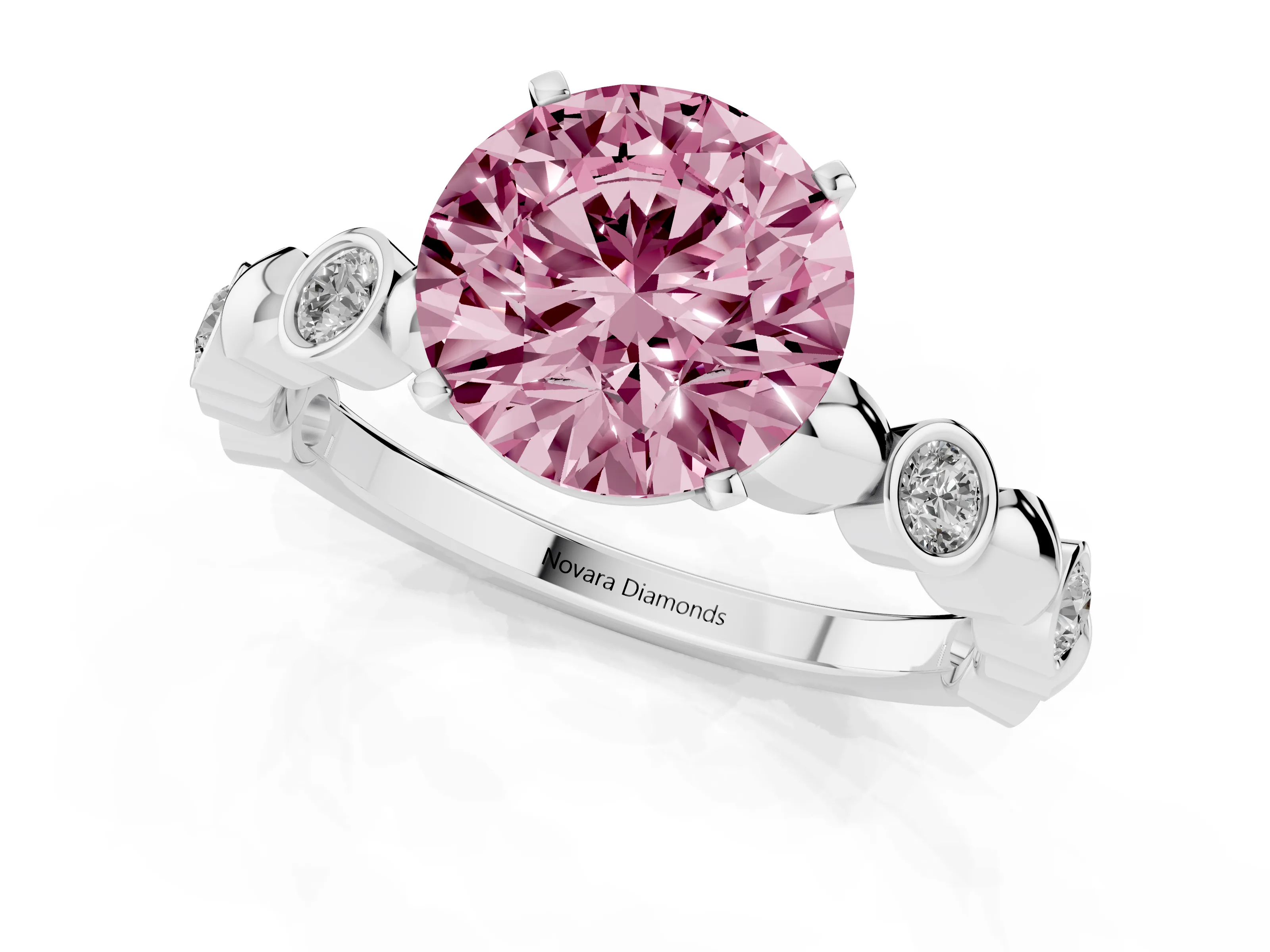 Fancy Pink Round Cut Diamond Solitaire Ring Set in Silver with Bezel-Set Accents on Beaded Band and Prong Setting