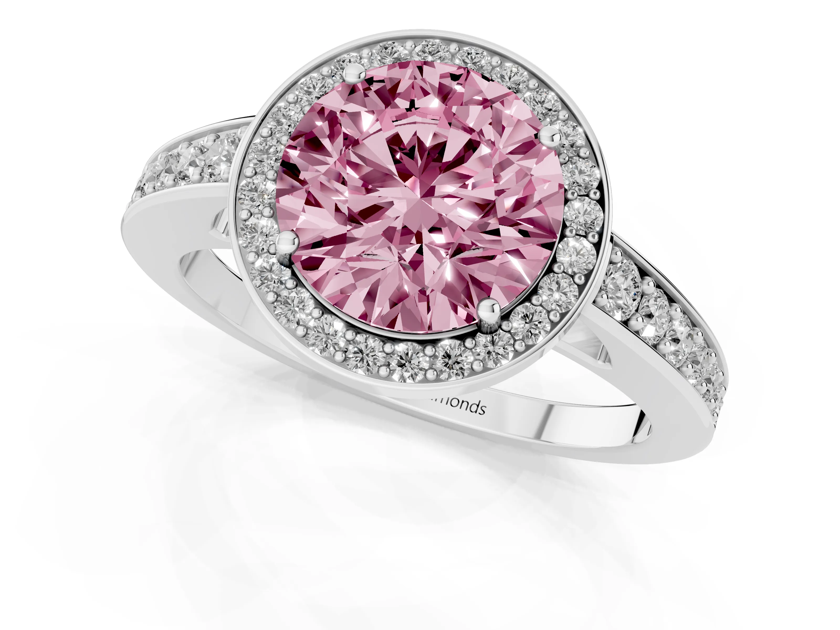 Fancy Pink Round Cut Diamond Halo Pavé Engagement Ring Set in Silver with Bezel Setting