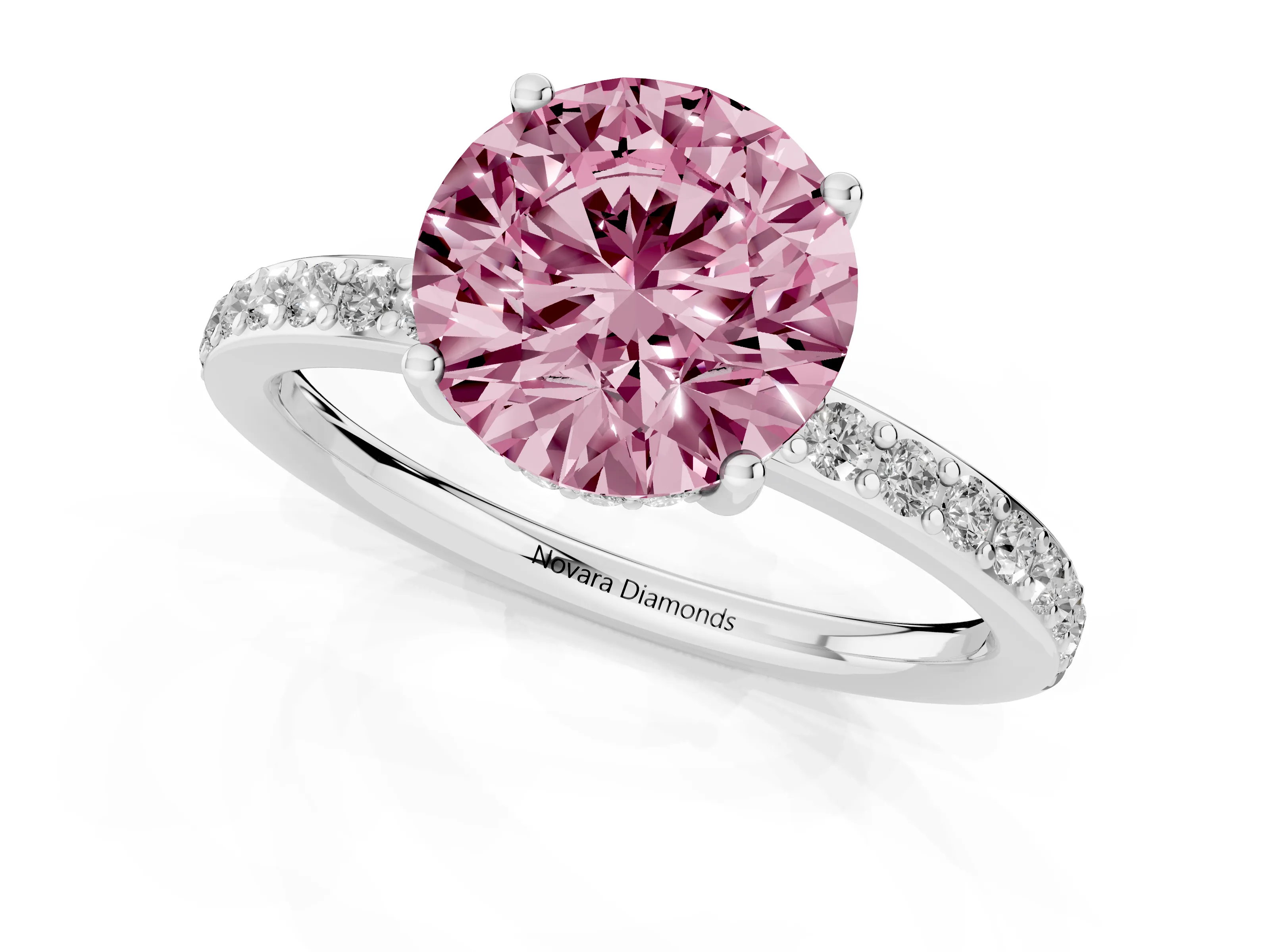 Fancy Pink Round Cut Diamond Pavé Band Ring Set in White gold with Prong-Set Center Stone