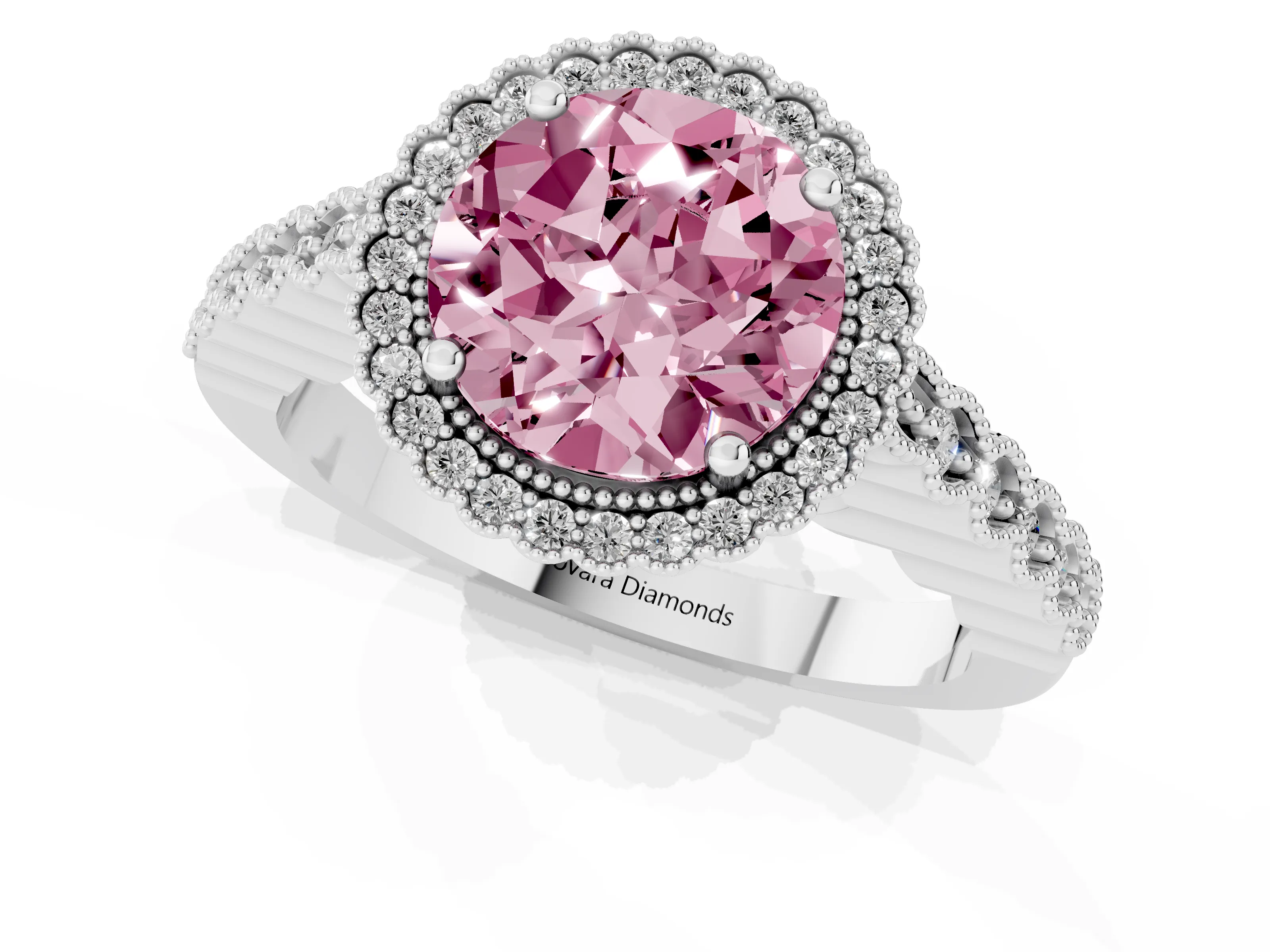 Fancy Pink Round Cut Diamond Halo Ring Set in Silver with Pavé Milgrain Band