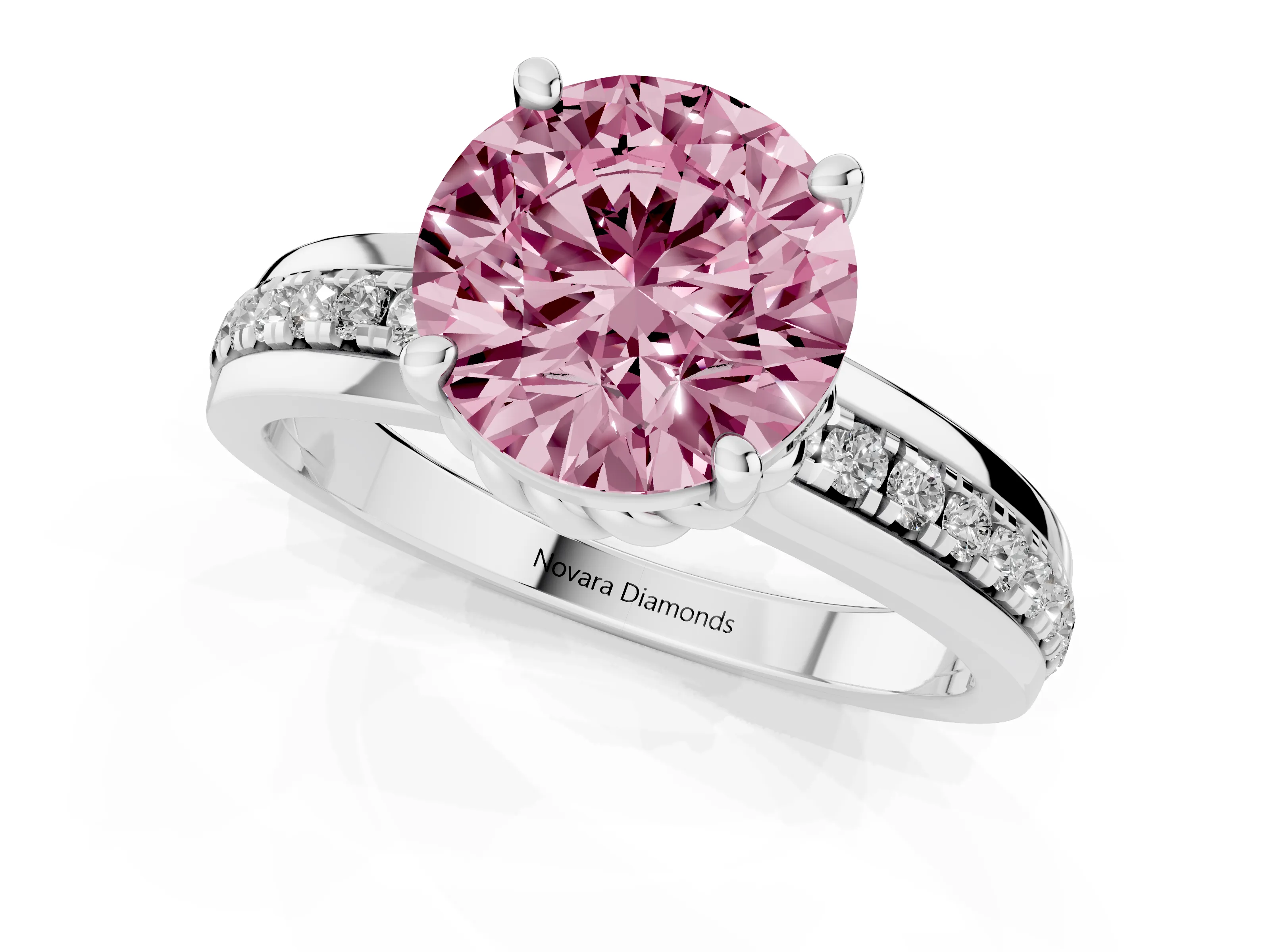 Fancy Pink Round Cut Diamond Solitaire Ring Set in Silver with Channel Set Band and Prong Setting
