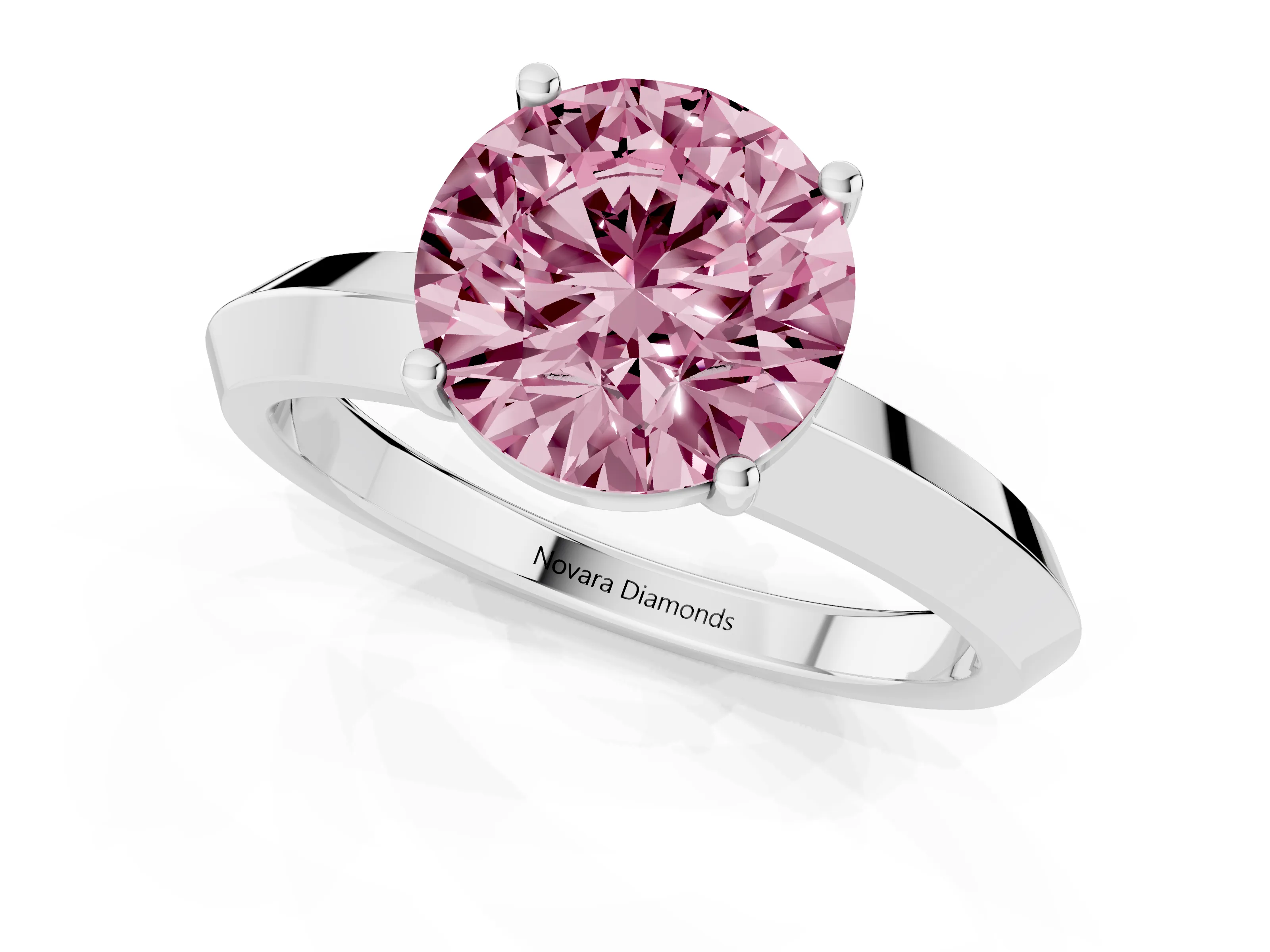 Fancy Pink Round Cut Diamond Solitaire Engagement Ring Set in Platinum with Flat Band and Prong Setting